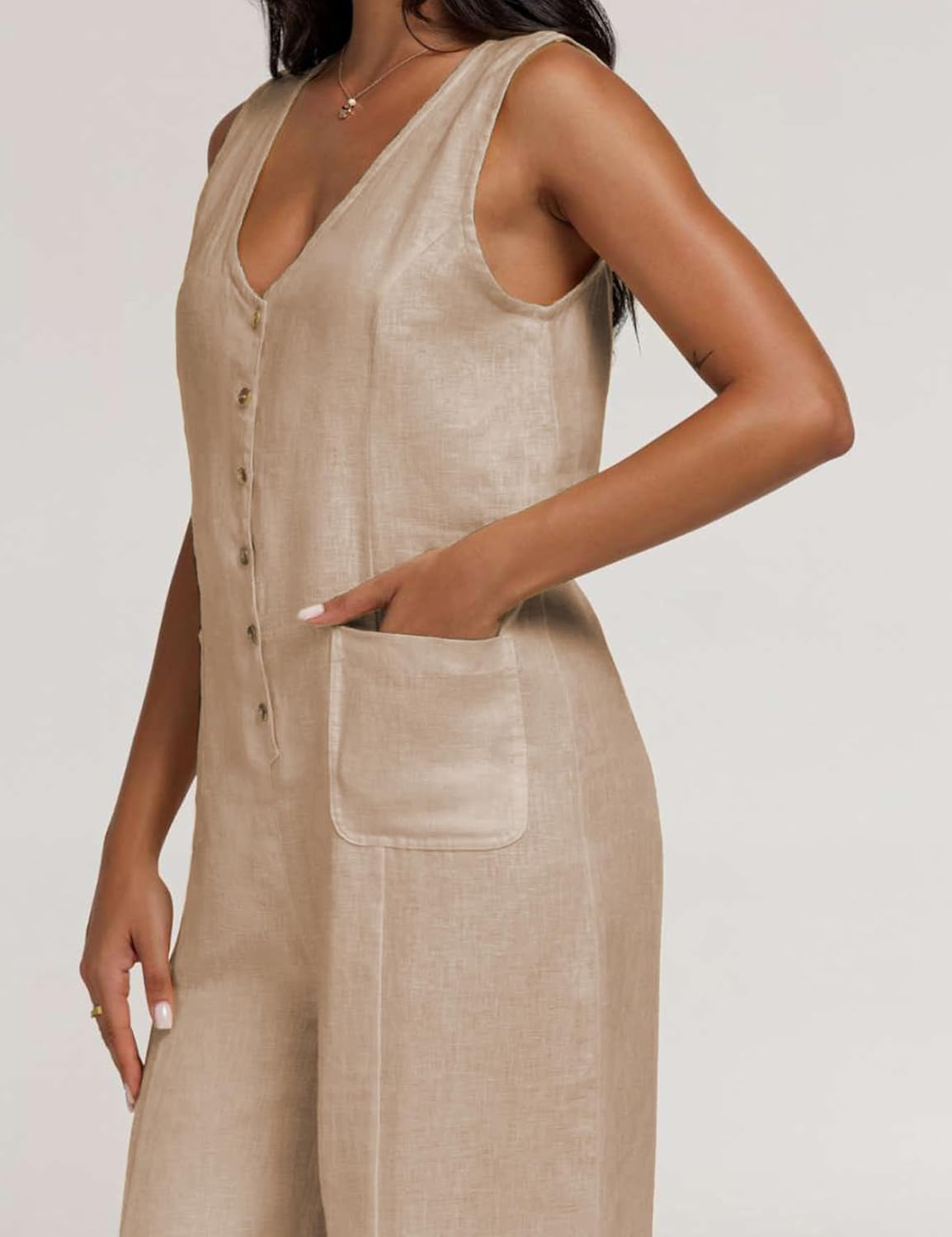 Thumbnail 6 de Yeokou Women Button Down Jumpsuits: Cotton Linen Sleeveless Wide-Leg Romper with Pockets