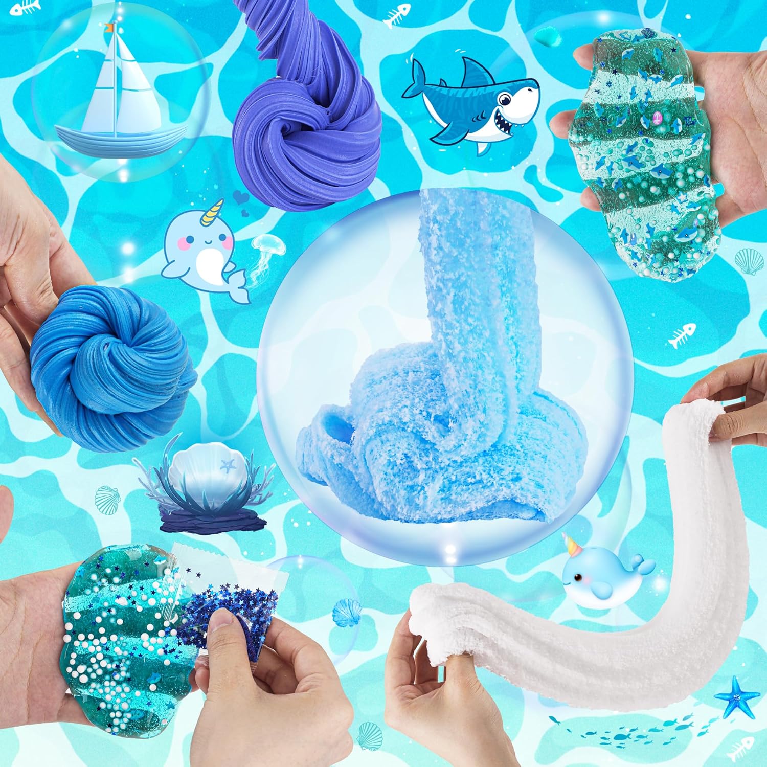 Thumbnail 3 de LAWOHO 6 Packs Blue Slime Kit (Cloud, Clear & Butter) – Ocean-themed slime party favour set