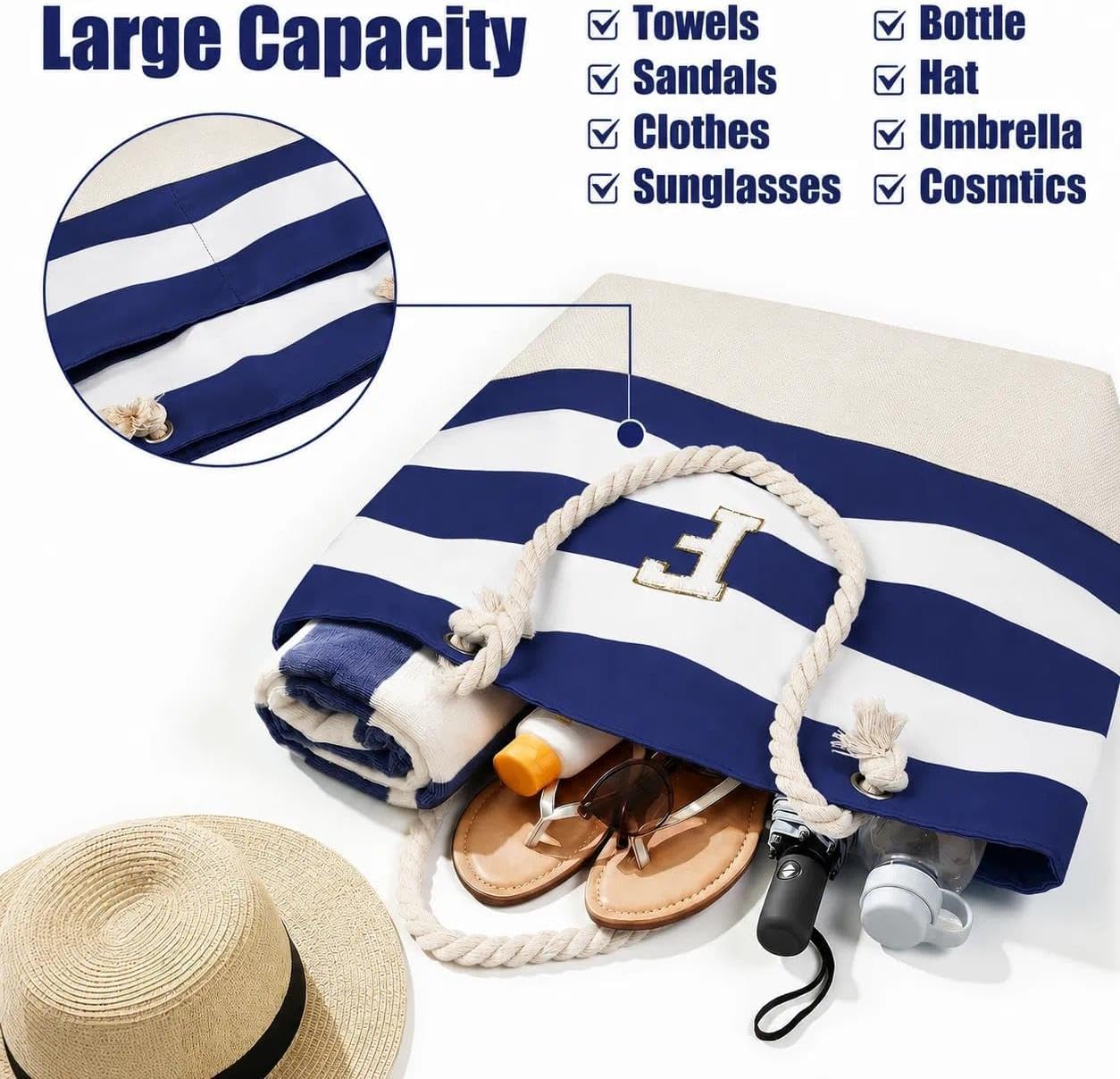 Detalle de Vavabox Initial Beach Bag with Zip and Pockets – Personalised, Water-Resistant & Foldable Large Tote Set