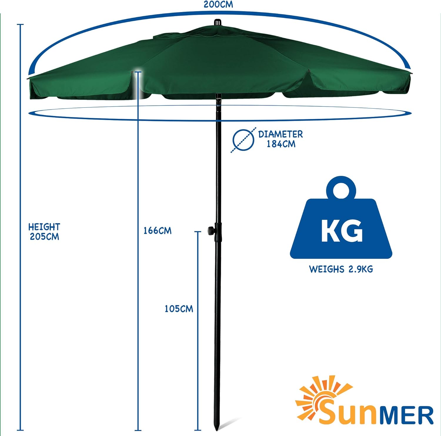 Thumbnail 1 de SUNMER 2M Beach Umbrella – Large Tilting Parasol with Water-Repellent & UV-Protection Fabric, Extra-Wide 2-Piece Steel Pole (Green)