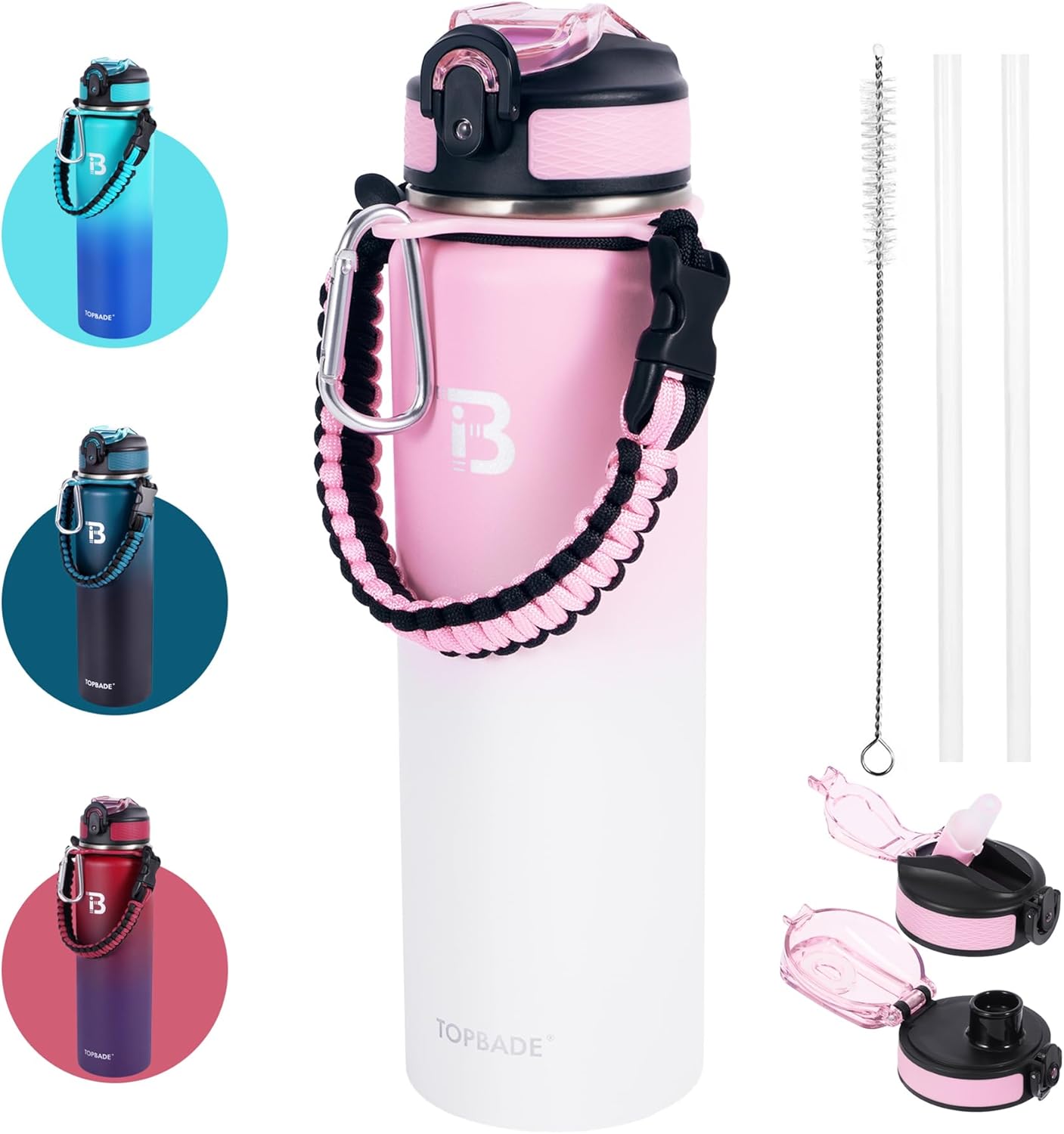 Thumbnail 6 de TOPBADE Edelstahl Trinkflasche Sport mit zwei Deckeln, 700 ml – BPA-frei, auslaufsicher, Paracord-Griff