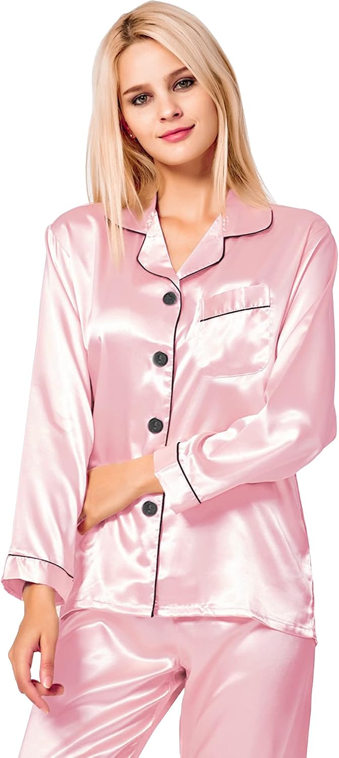 Detalle de SWOMOG Women's Silk Satin Long Sleeve Two-Piece Pyjama Set