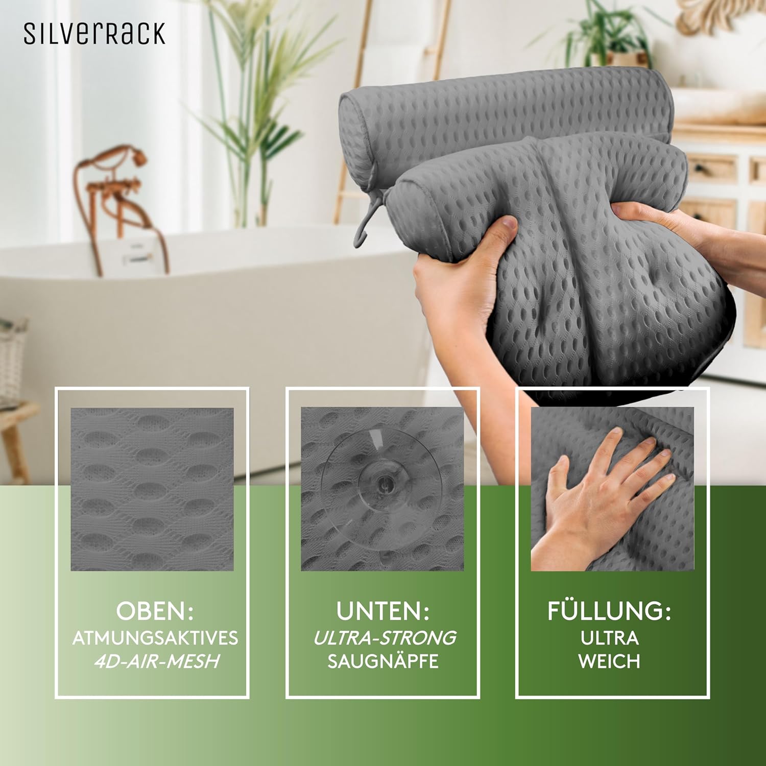 Detalle de SilverRack Badewannenkissen MEDIUM-WEICH (Grau 4D) – Nackenkissen mit Saugnäpfen für die Badewanne