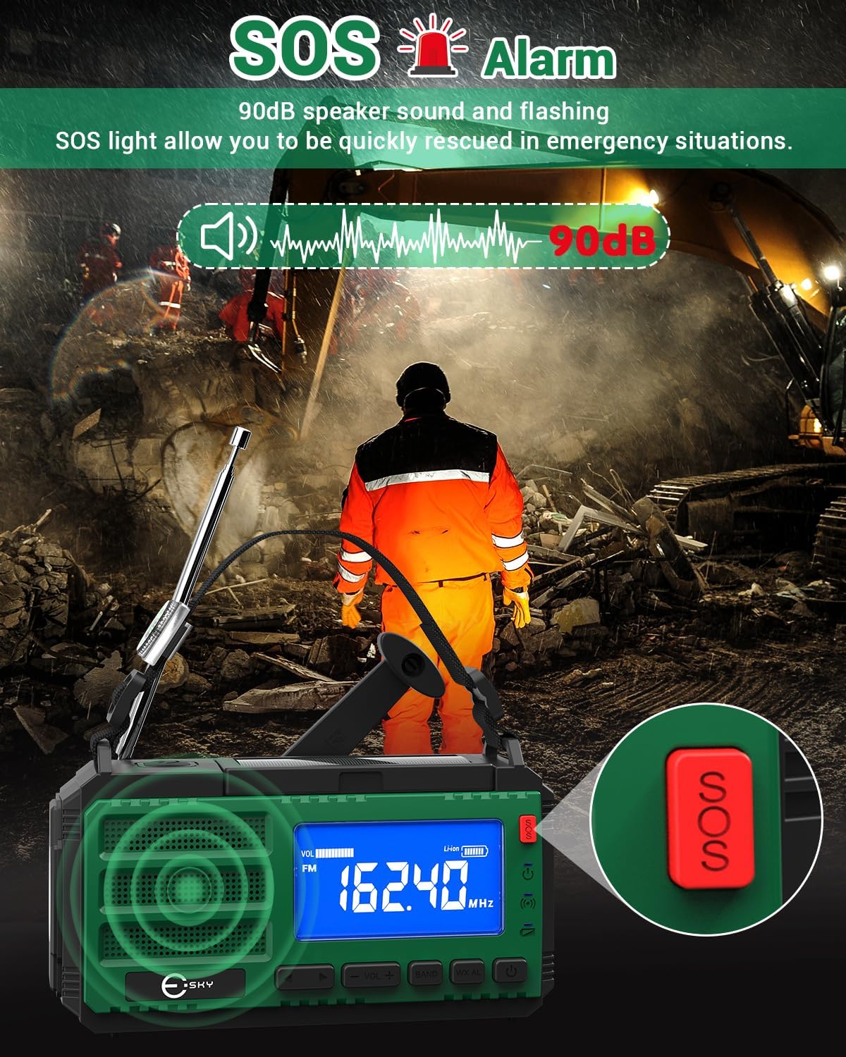 Detalle de Esky 10000 mAh Radio Manovella: radio d'emergenza portatile con energia solare, torcia e bussola