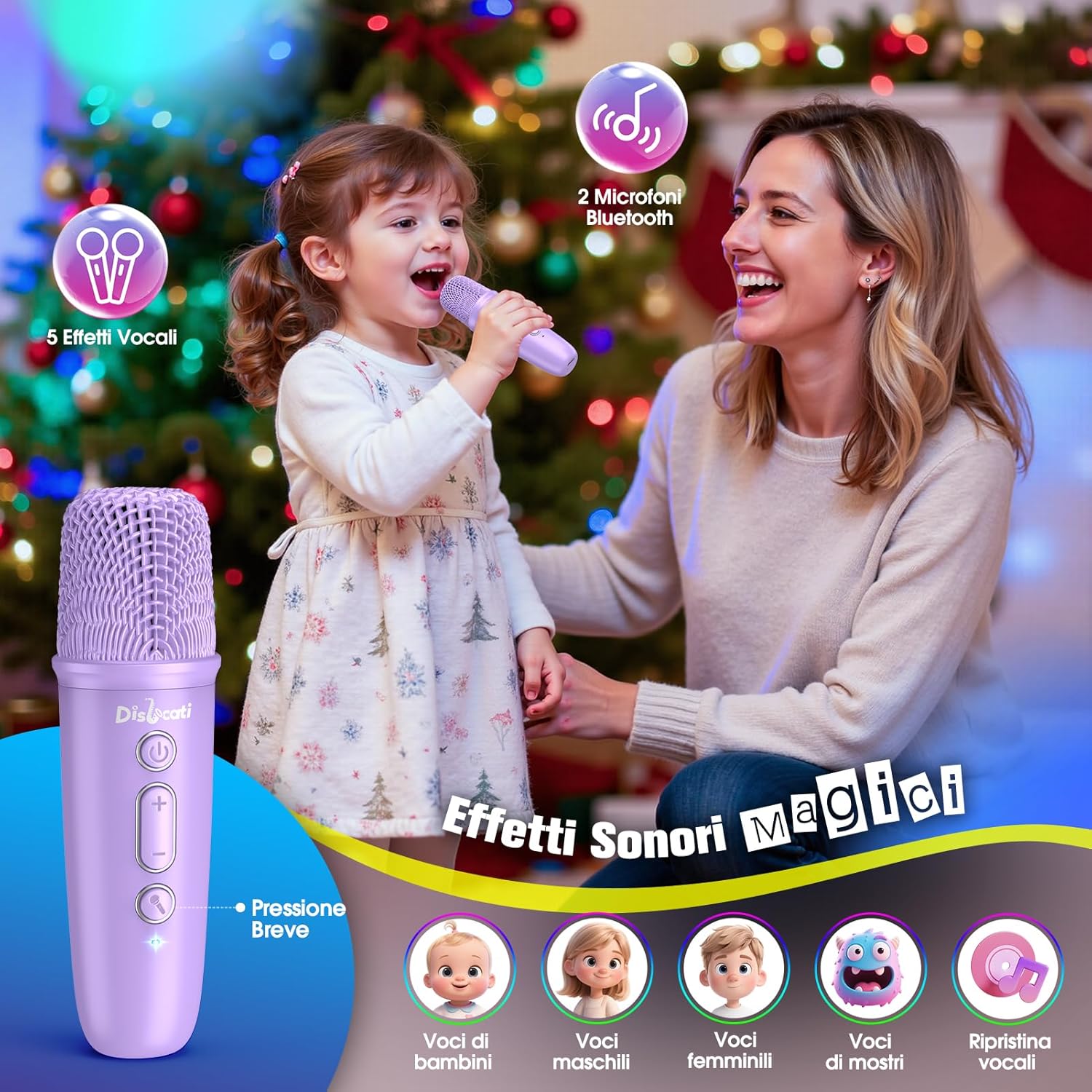Detalle de Dislocati Karaoke con 2 Microfono Bambini: karaoke Bluetooth con luci, supporto 360° e effetti vocali