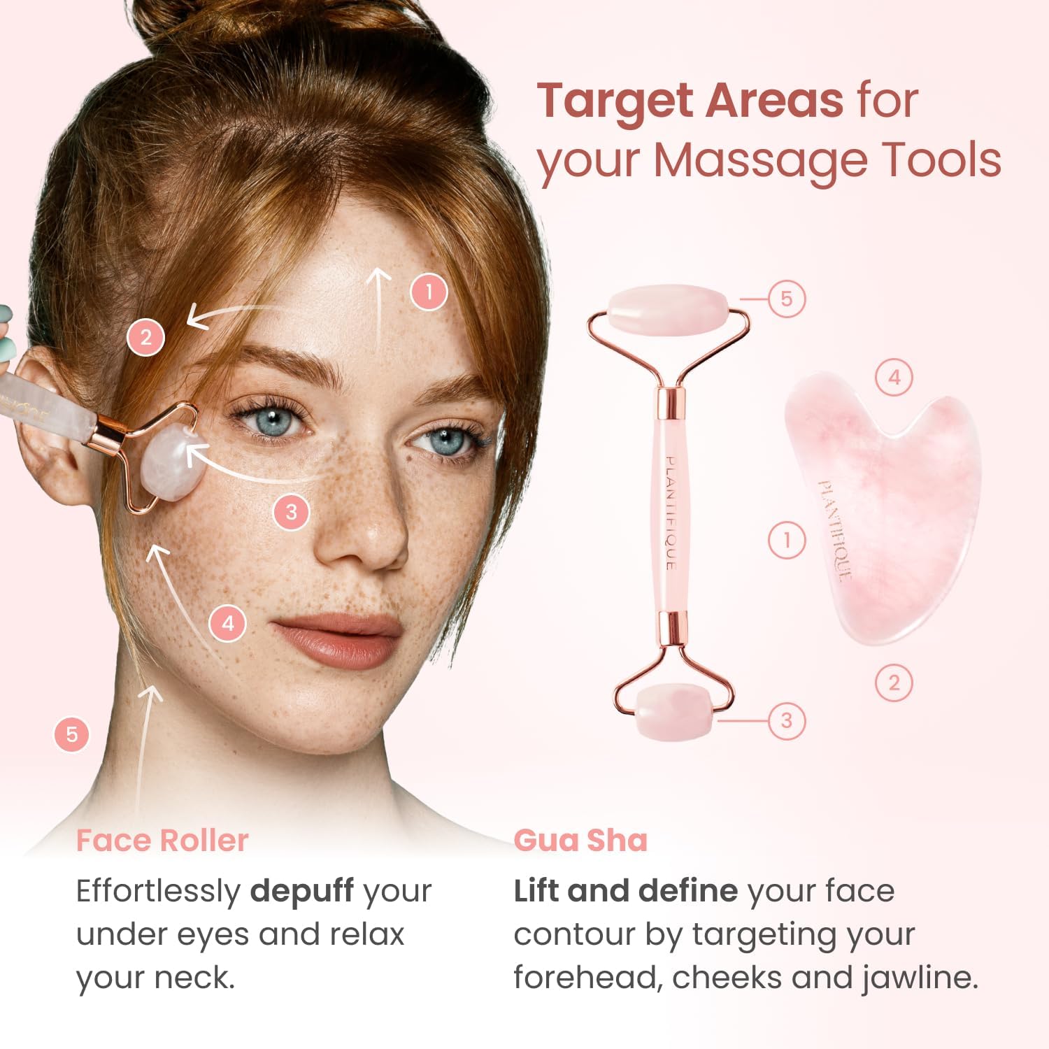 Detalle 2 de Plantifique Rose Quartz Roller & Gua Sha Set – Face Massager & Skincare Tool