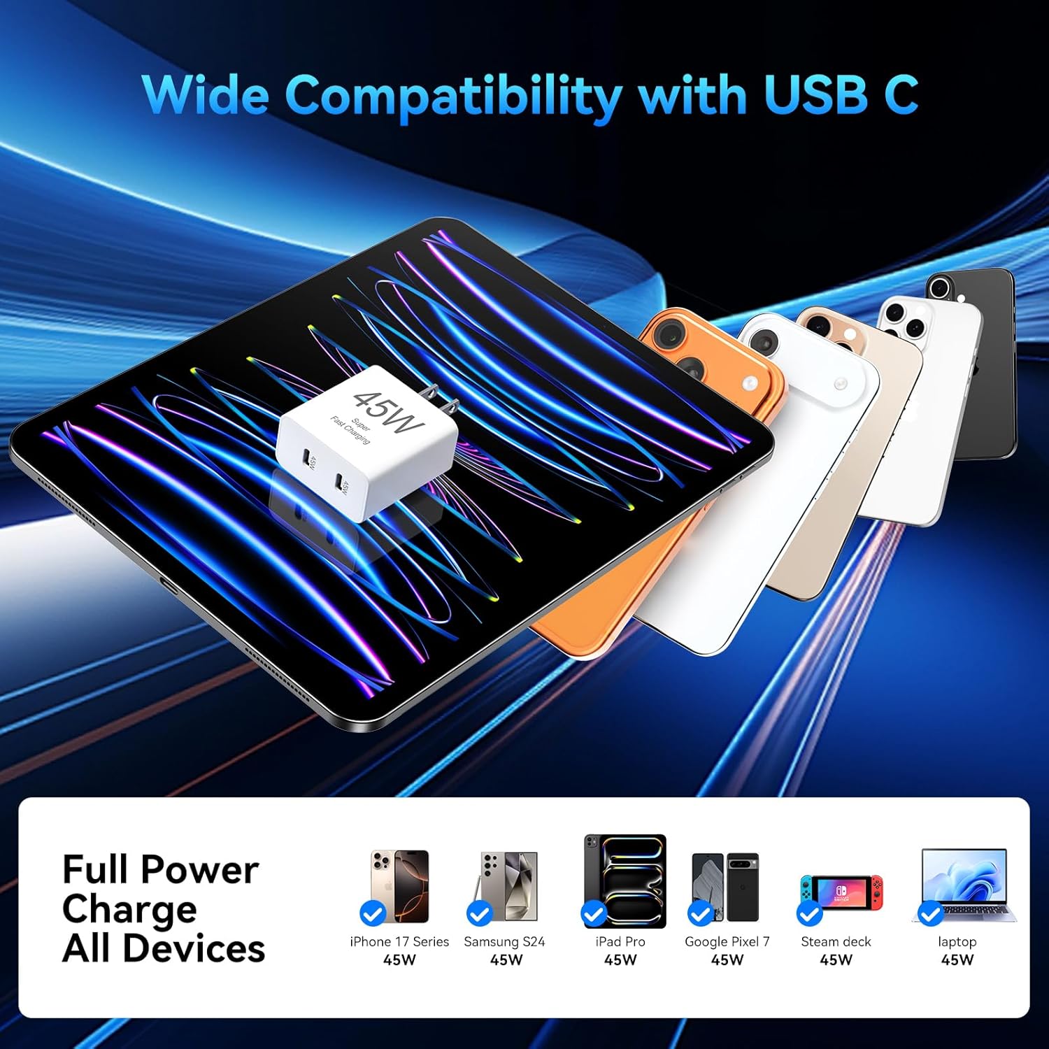 Thumbnail 4 de Auorld 45W USB-C iPhone Fast Charger (Dual Port) with Long 10 ft USB-C Cable