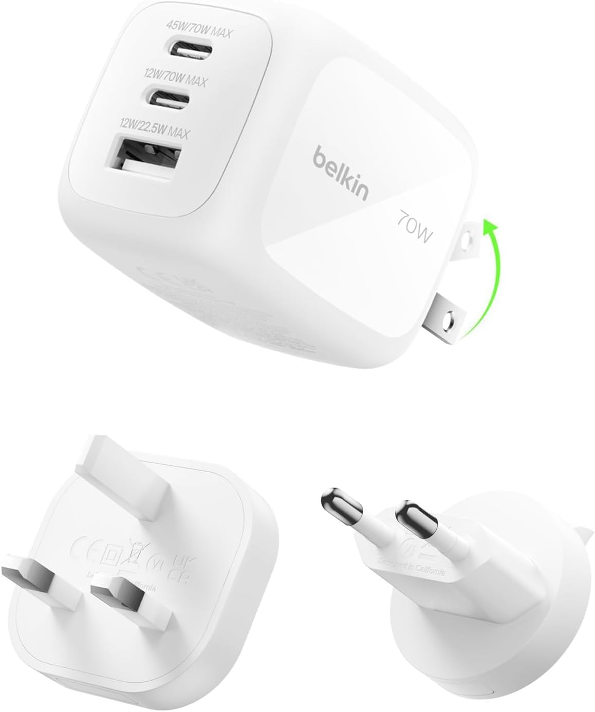 Detalle de Belkin 3-Port USB-C Plug 70W GaN Wall Charger (2x USB-C + 1x USB-A), White