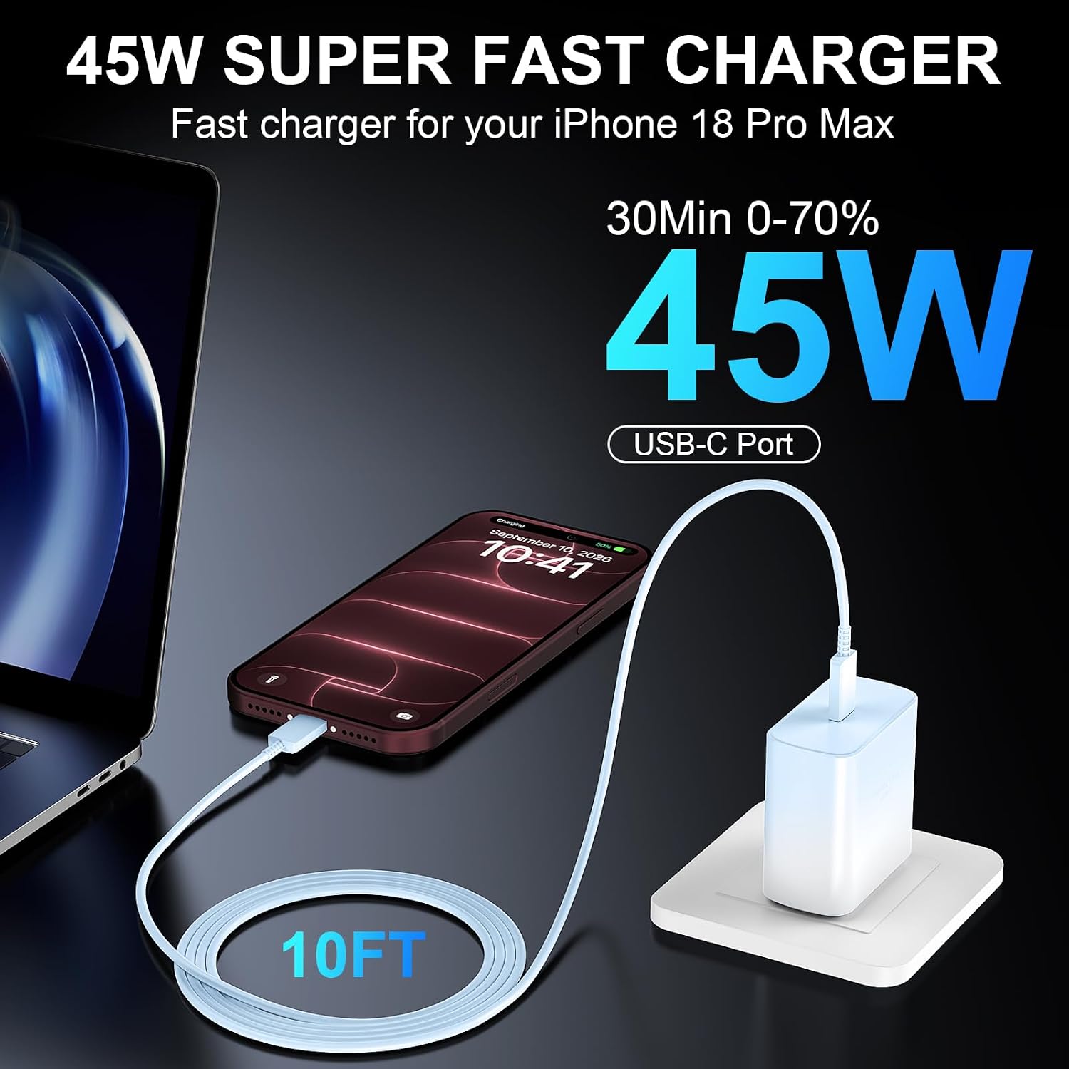 Thumbnail 3 de Phone 16 Pro Max Charger Fast Charging – 45W USB-C Block + 10ft Cable