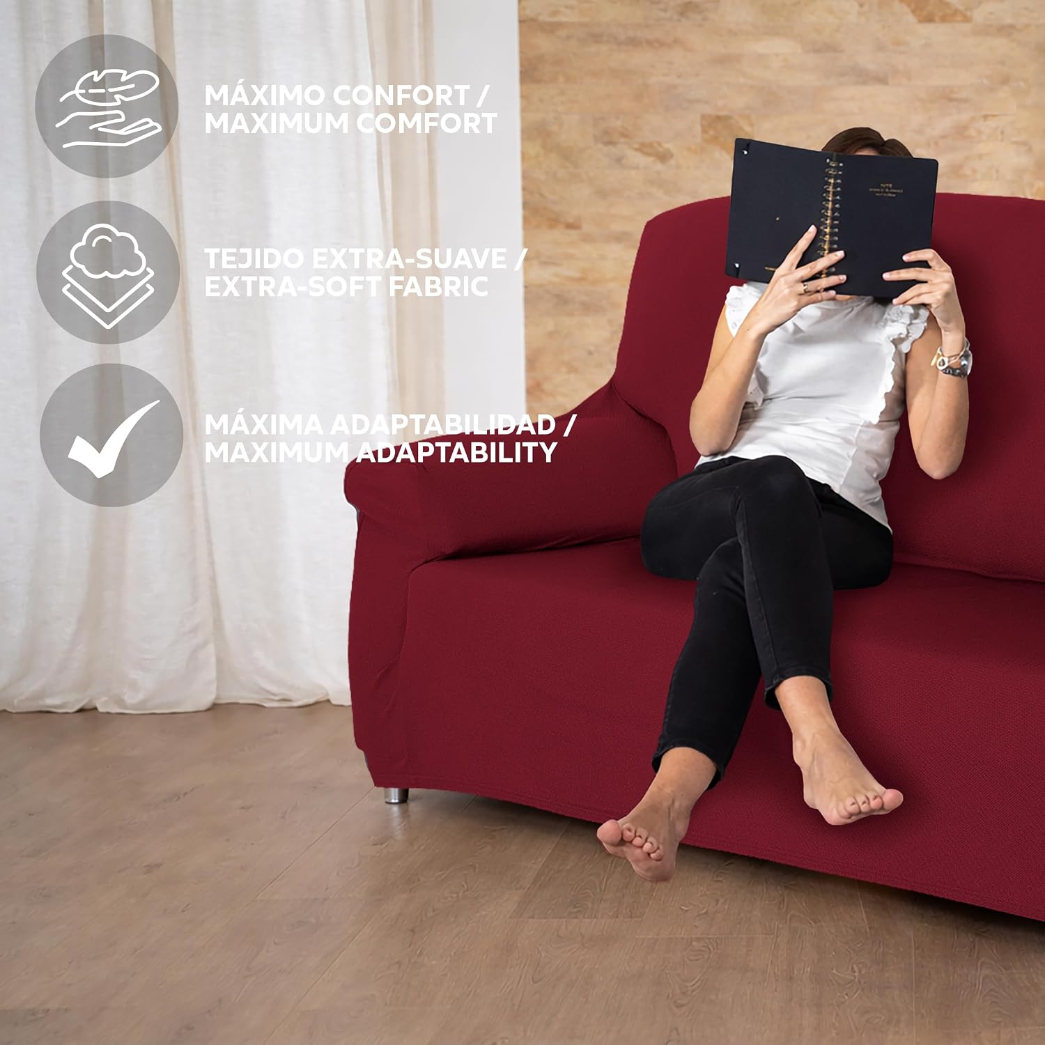 Thumbnail 5 de Textilhome Copridivano 2 posti con braccioli rosso, fodera elasticizzata antigraffio per gatti (130–180 cm)