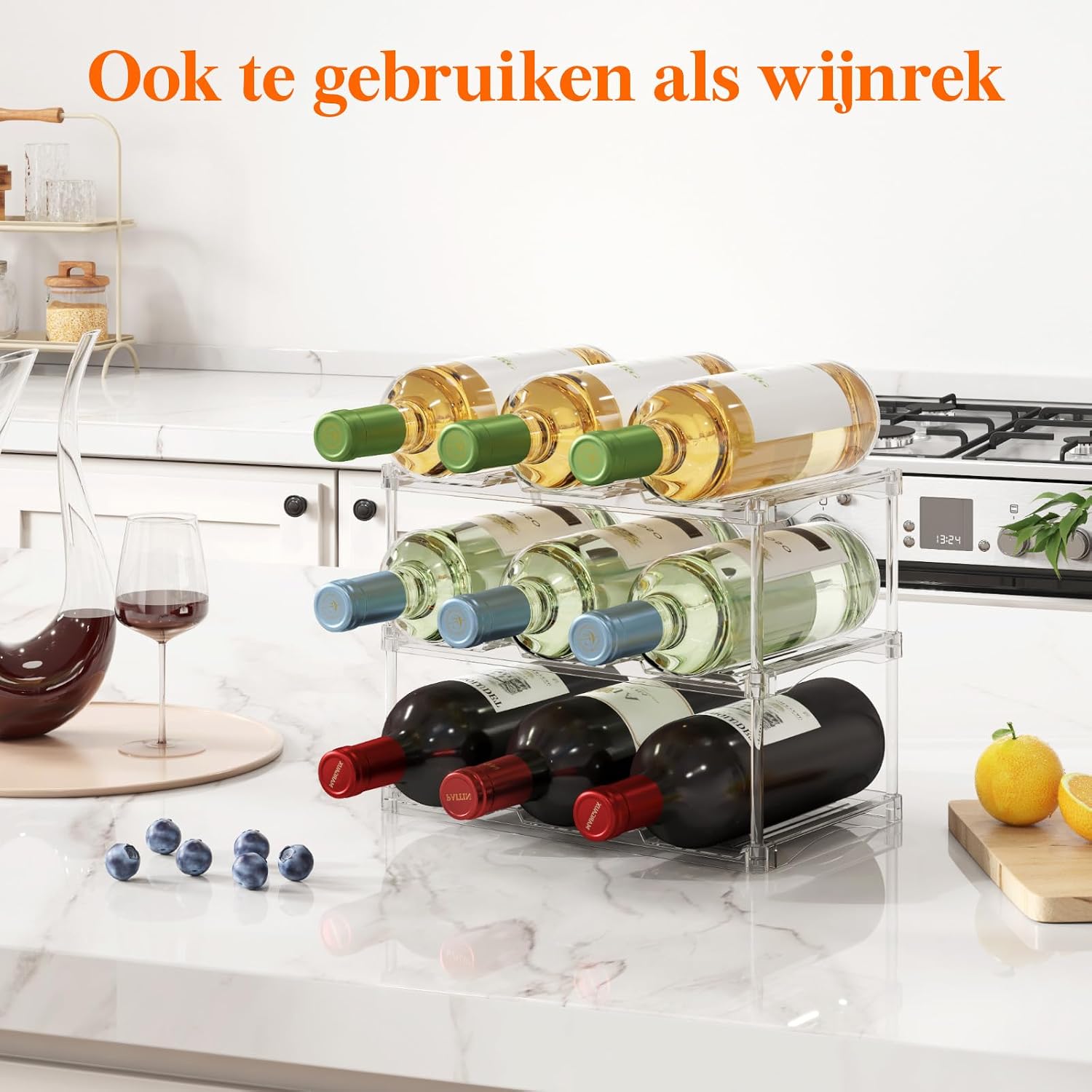 Detalle 1 de Lifewit 25073 flessenrek, stapelbaar voor 9 flessen, transparant kunststof