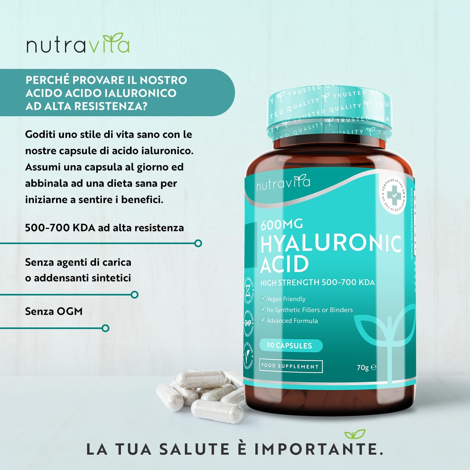 Thumbnail 1 de Nutravita Acido Ialuronico in Capsule – Fornitura di 3 mesi, 600 mg (500-700 kDa) vegan e senza allergeni
