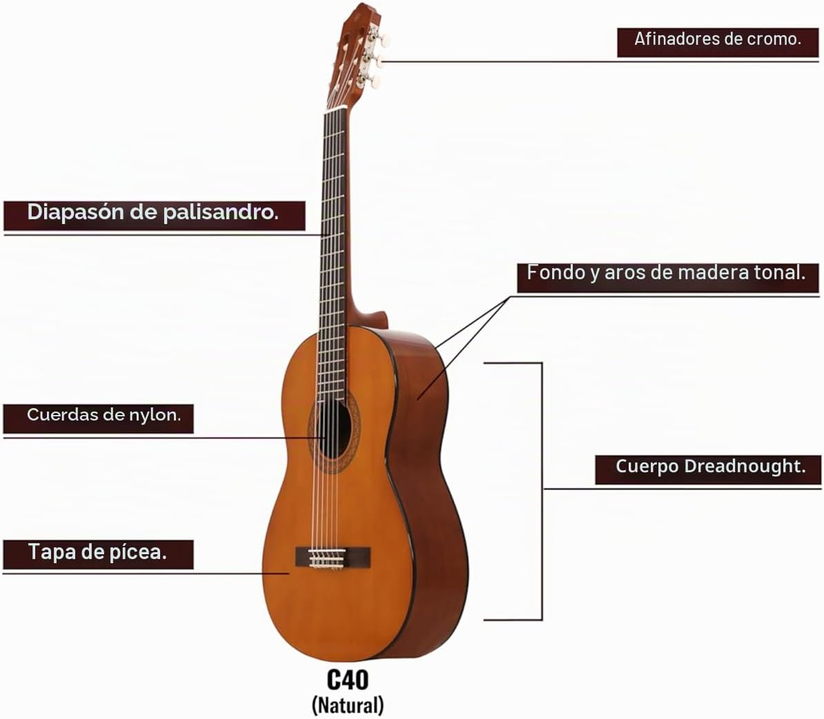 Detalle de Yamaha C40 Guitarra Clásica – Guitarra de Madera 4/4 (65 cm, 25 9/16” de escala) para Principiantes