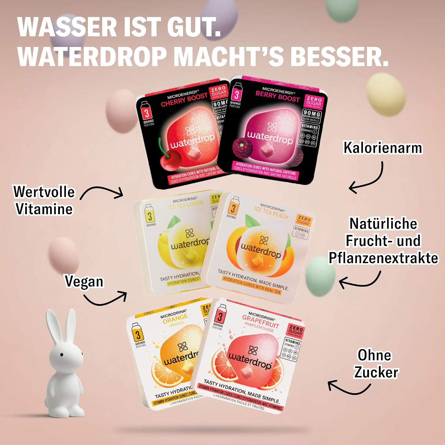 Detalle de waterdrop® Starter Set 600 ml Trinkflasche mit 18 zuckerfreien Microdrinks (Edelstahl, kohlensäuregeeignet)