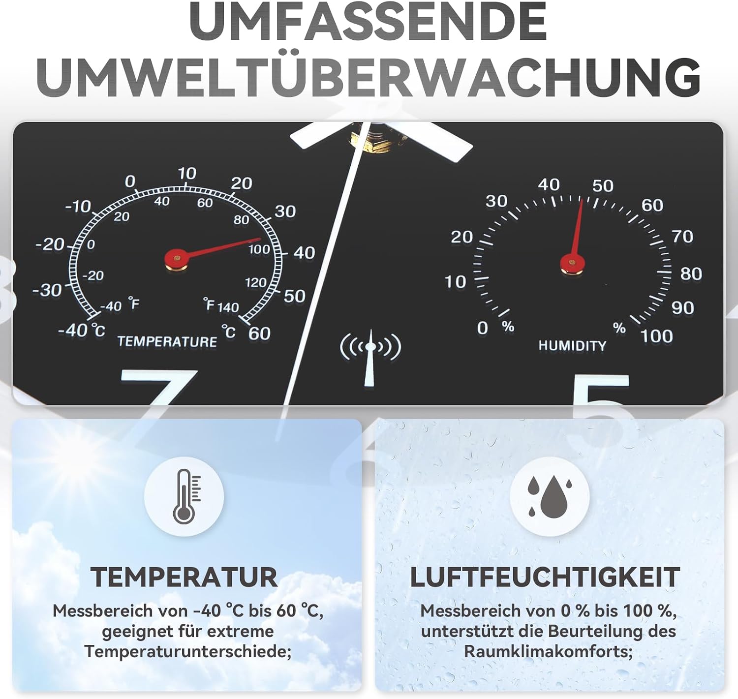 Detalle de Epochic Wanduhr Funk mit Temperatur- und Feuchtigkeitsanzeige – Funkuhr Wand, 25 cm, Schwarz, batteriebetrieben