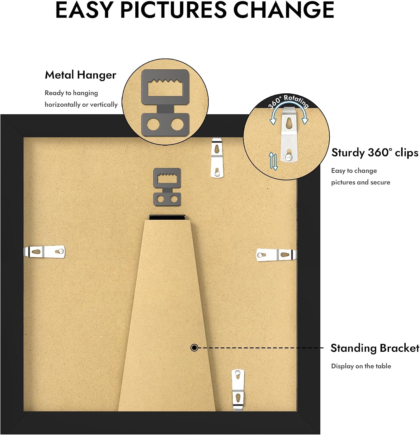 Detalle 2 de Hongkee 6x6 Picture Frame with Glass (Black) — Wood Frame for 6x6 Photos or 4x4 with Mat, Wall & Tabletop, 1 Pack