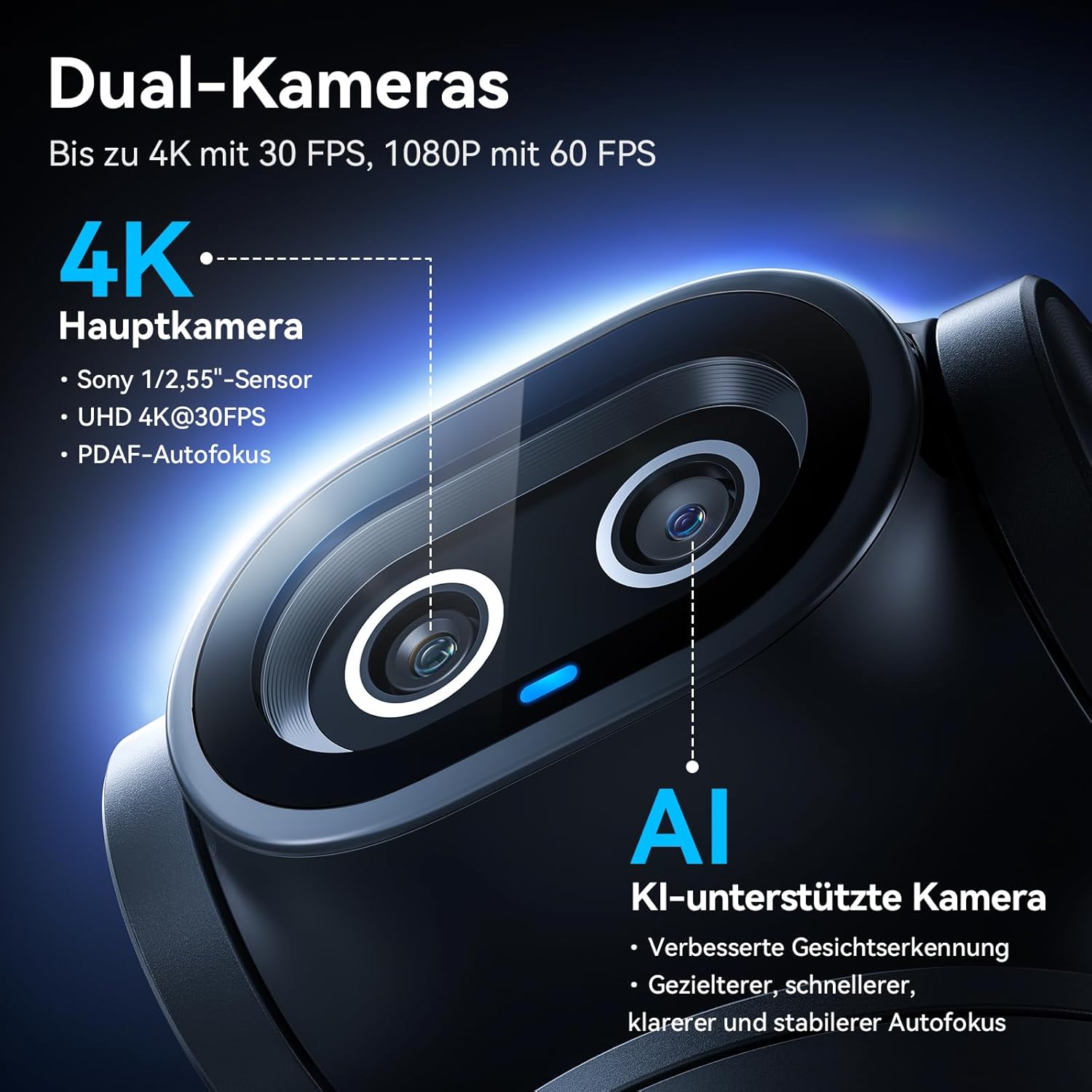 Thumbnail 1 de EMEET PIXY Dual-Kamera KI-gestützte PTZ 4K Webcam mit 310° Schwenk, 180° Neigung und 3 Mikrofonen