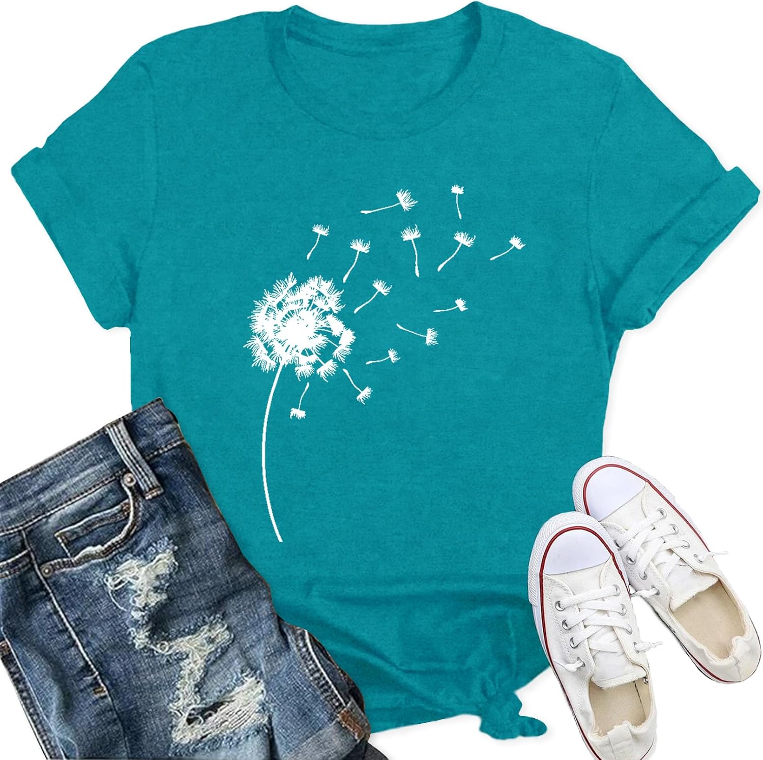 Detalle de Qskall Women’s Dandelion Flower T-Shirt – Casual Summer Tee in a relaxed fit