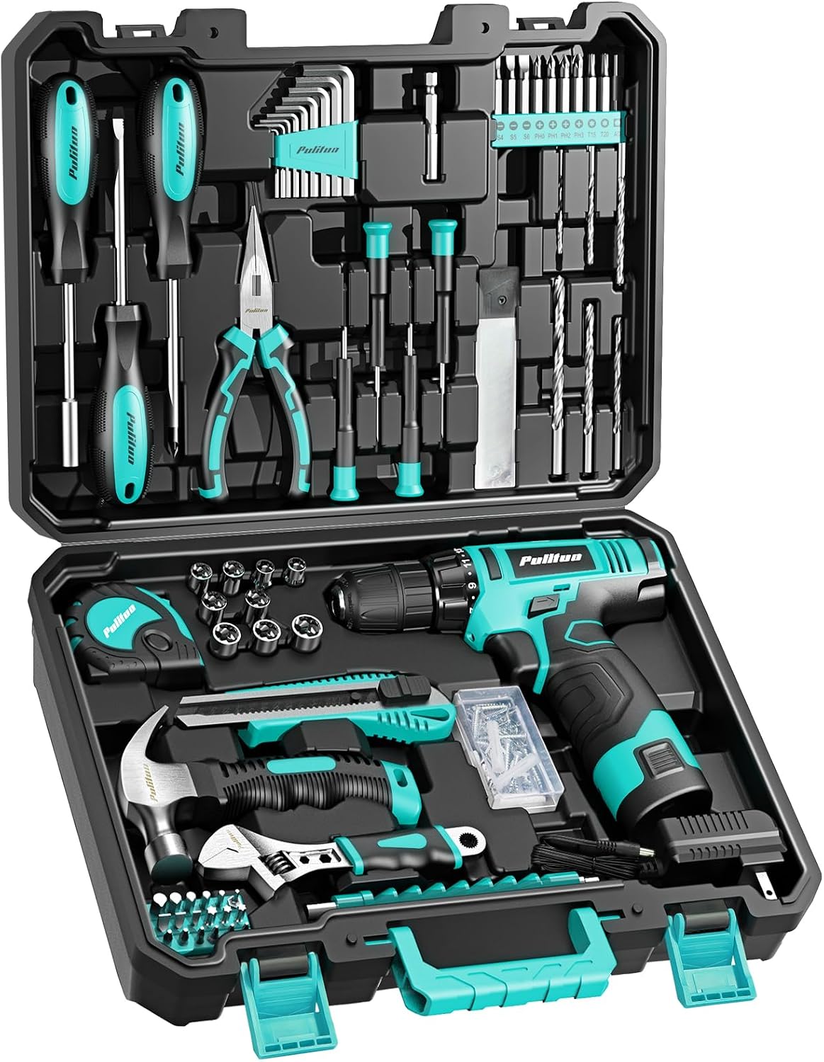 Detalle de PULITUO 149-Piece Home Drill Set with Turquoise 12V Cordless Drill