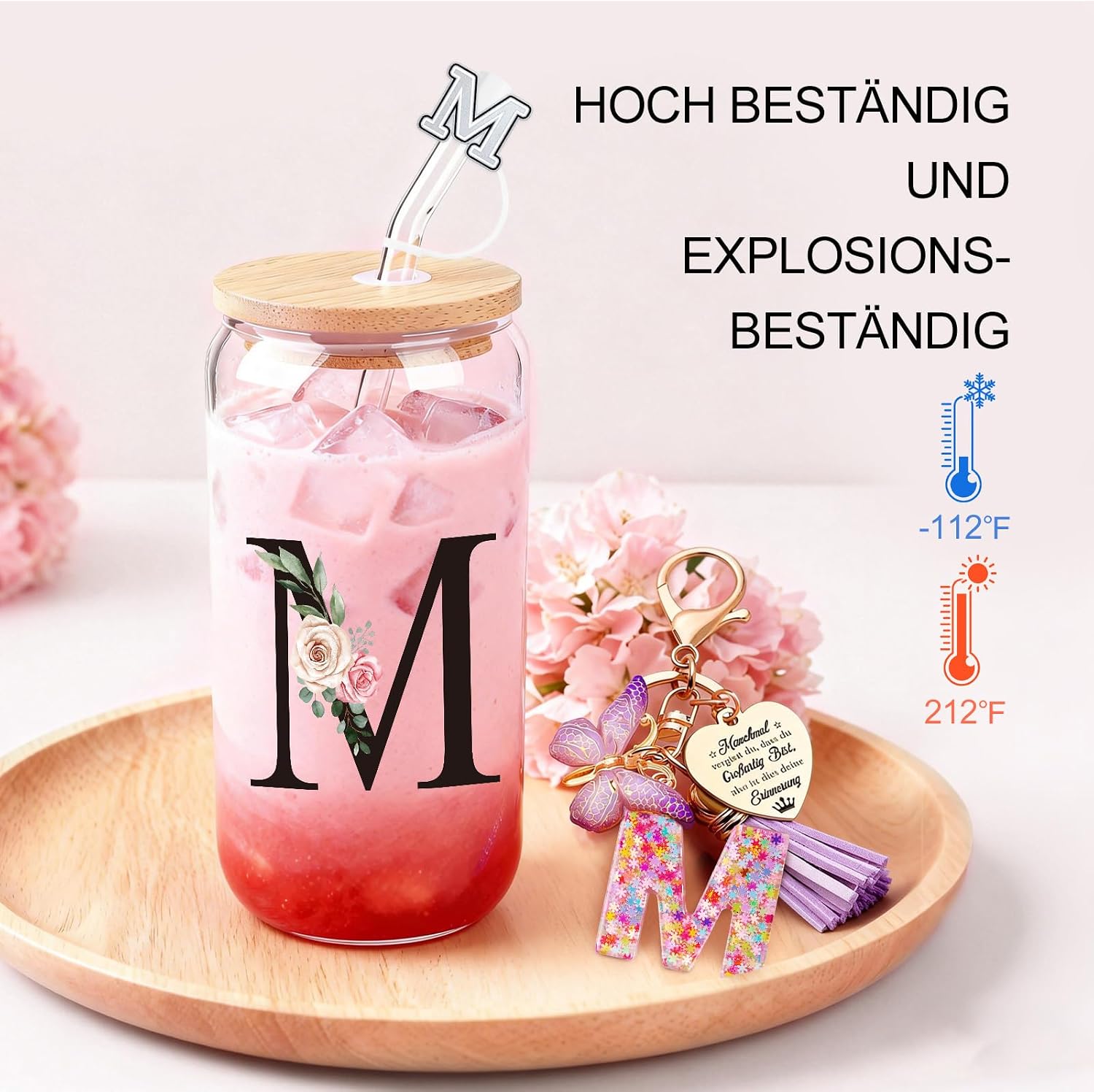 Detalle de TUZELIYA M Personalisiert – Glasbecher mit Deckel & Strohhalm, Initialien-Schlüsselanhänger, personalisiertes Geschenkset