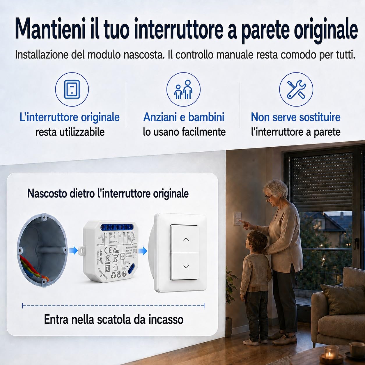 Detalle de LoraTap Interruttore WiFi per tapparelle 2 pezzi con Smart Life, Alexa e Google Home (300W)