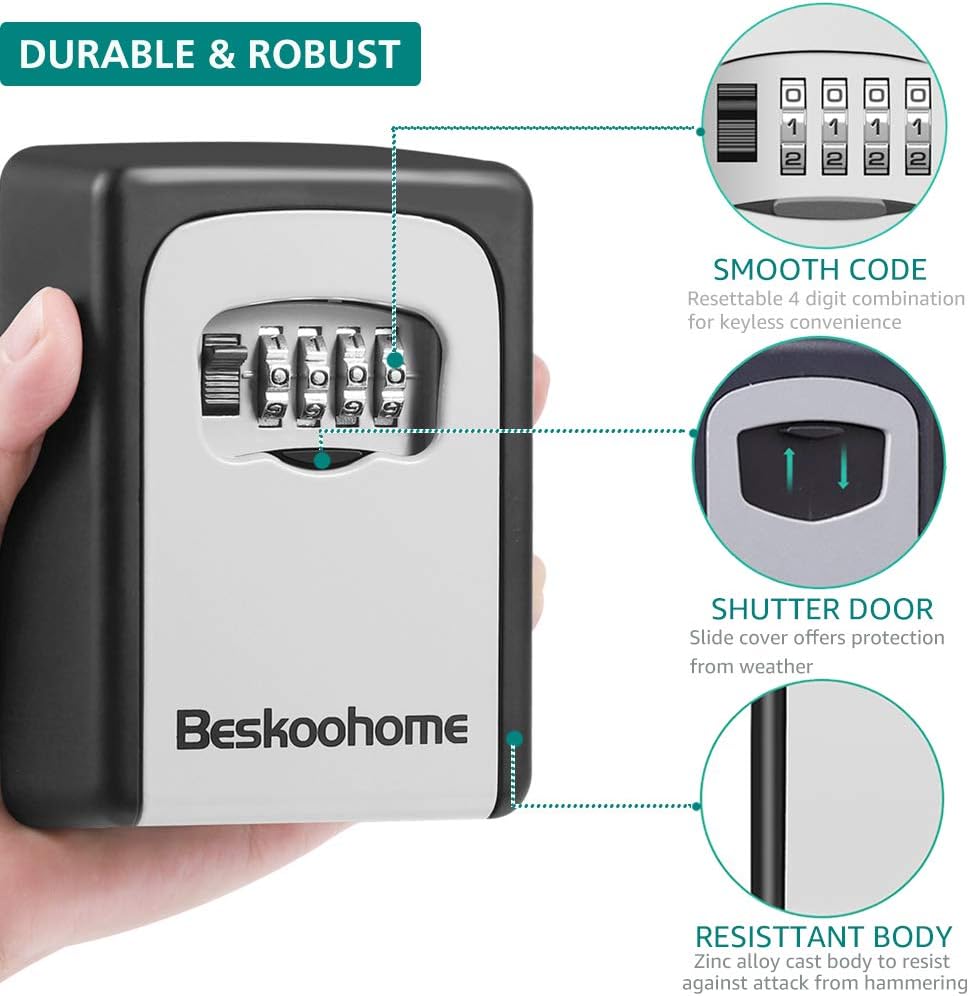 Detalle de BeskooHome Key Safe Wall Mounted Lockbox with Weather-Resistant Zinc Alloy body