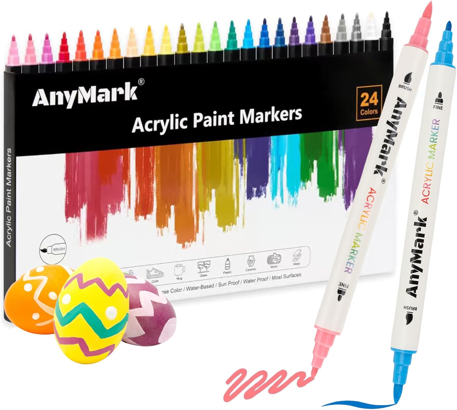 AnyMark 24 Couleurs Feutre Acrylique – marqueurs à double pointe (pinceau et pointe fine) pour surfaces variées
