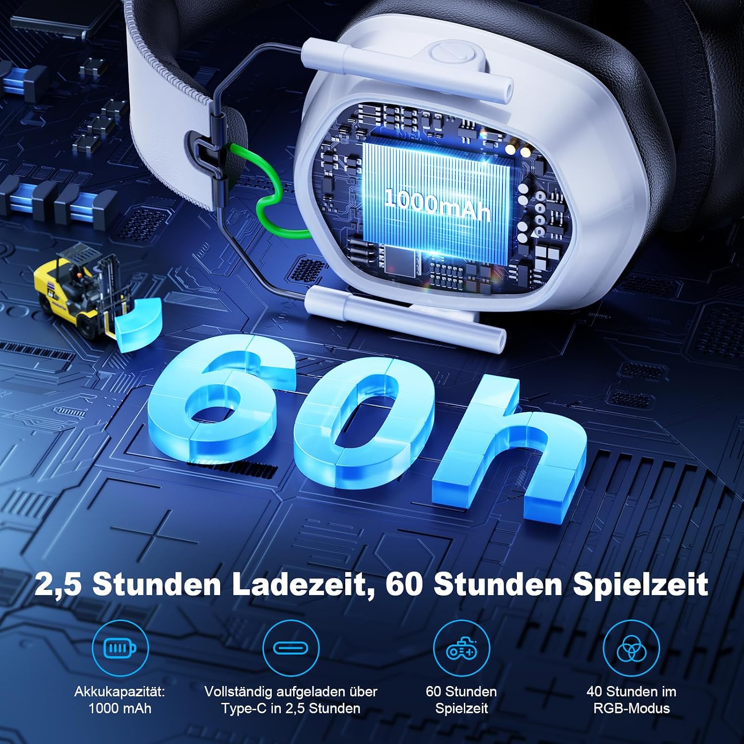 Detalle de Fachixy Wireless Gaming Headset – 2,4 GHz/Blauzahn 5.4, 60 Stunden Akku, Noise-Cancelling Mikrofon, RGB Beleuchtung