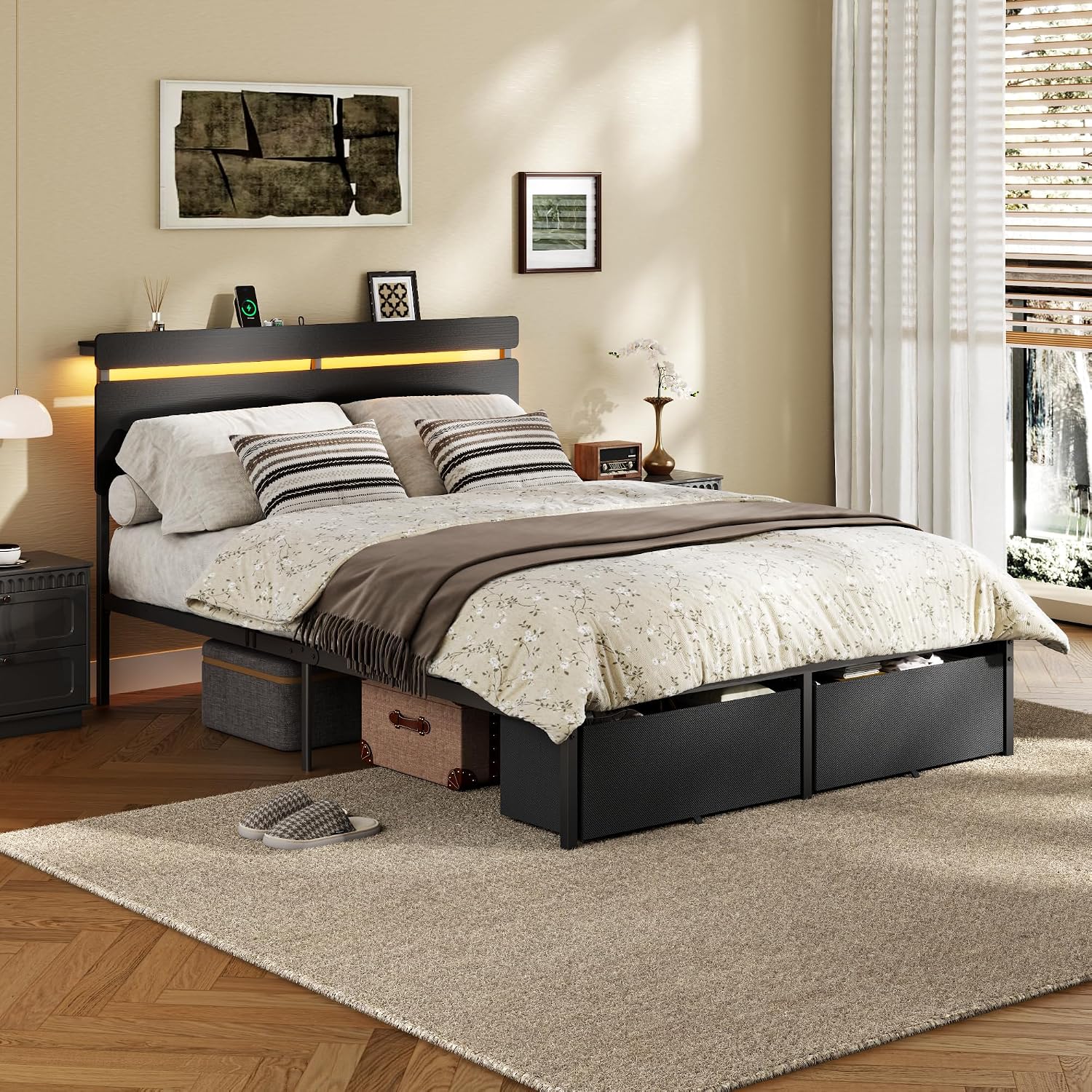 Detalle 1 de Forestell Full Size Bed Frame with Wood Headboard, Storage, RGB LEDs and USB-C