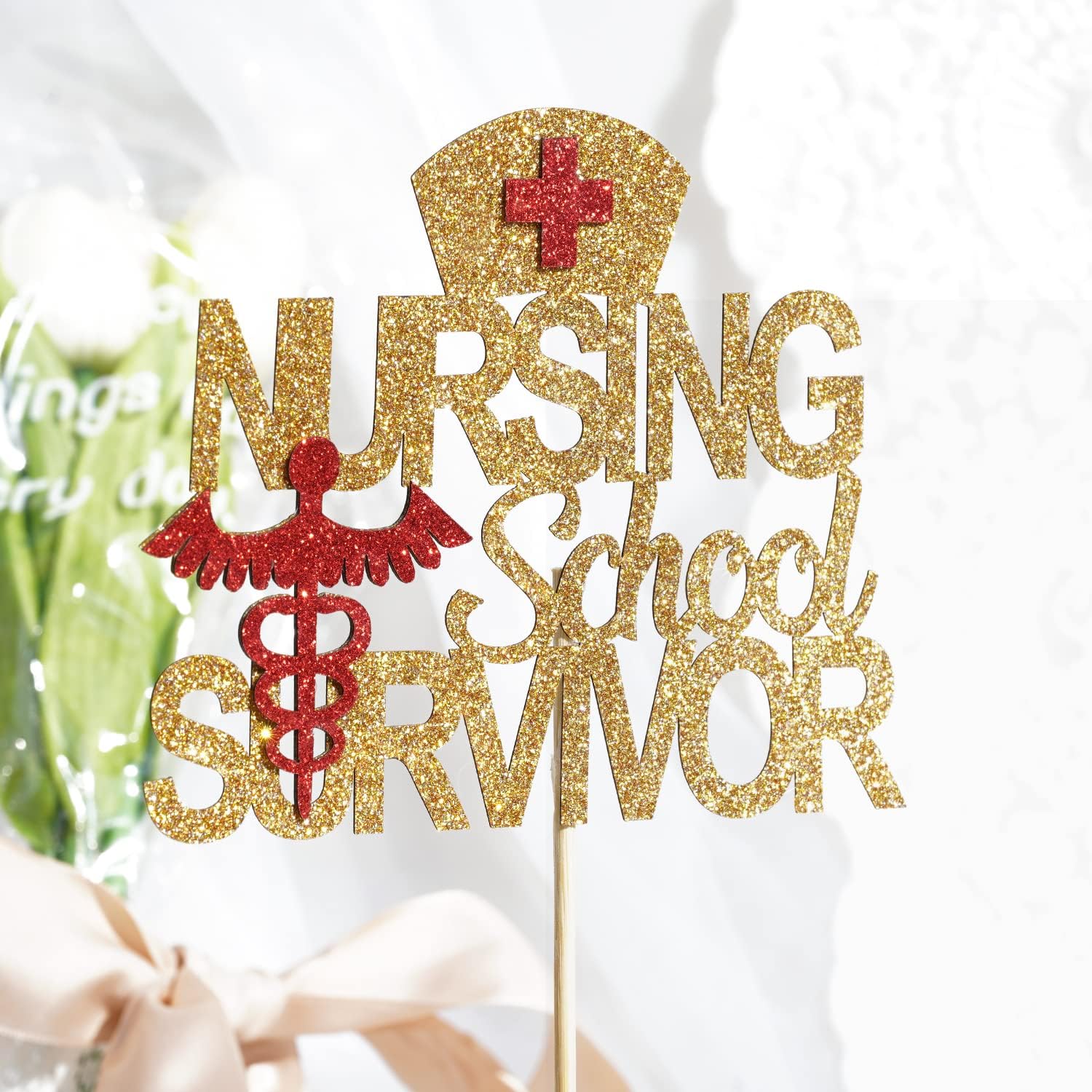Thumbnail 6 de Nursing School Survivor Cake Topper, Gold Glitter