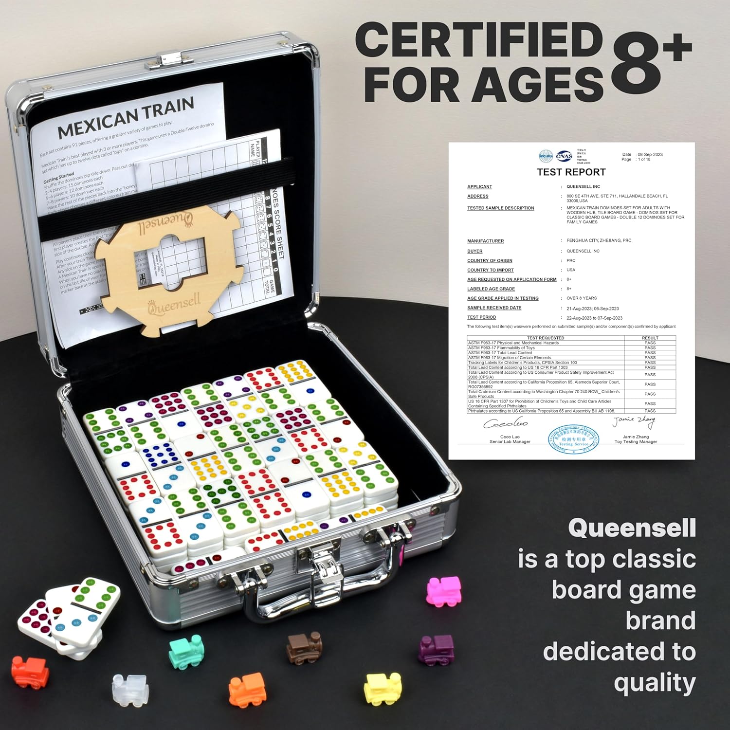 Detalle de Queensell Mexican Train Dominoes Set (Double 12) with Wooden Hub and Carry Case