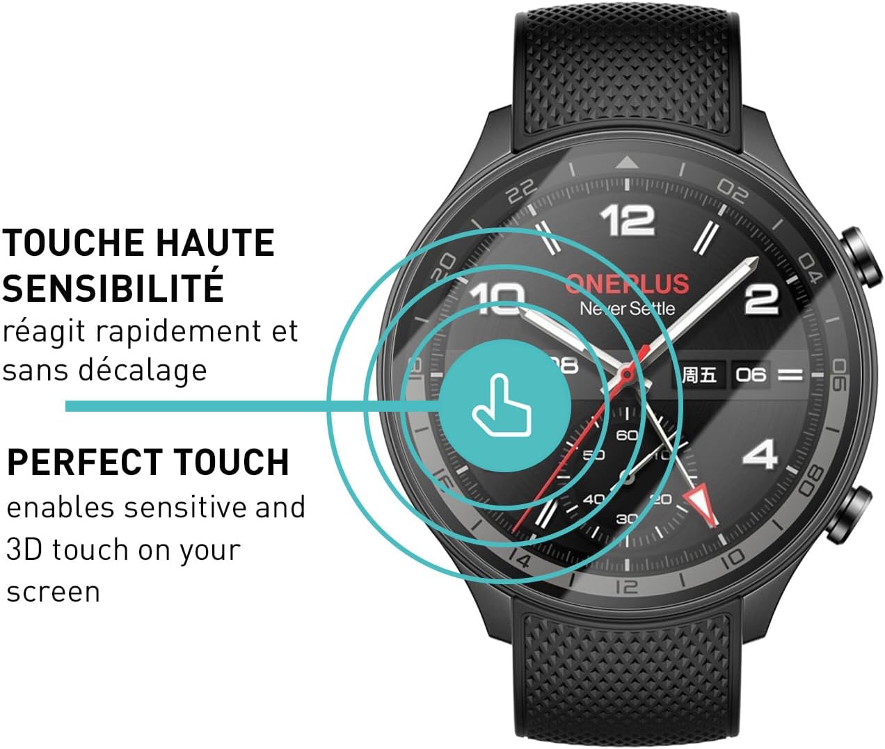 Detalle 2 de smartect Verre Trempé pour OnePlus Watch 2R (lot de 3) – HD anti-rayures, 9H, transparent