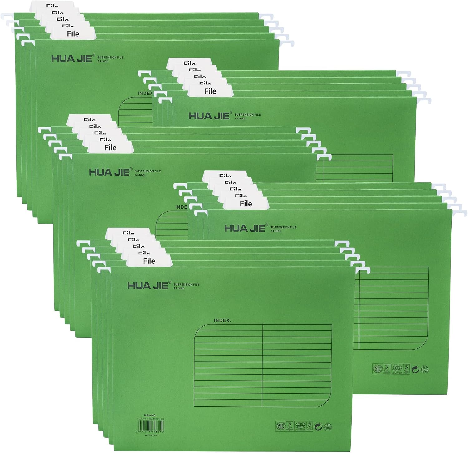 Grün A4 Hängeregister – 25 Grüne Hängemappen aus verstärktem Papier mit Tabs & Karteneinlagen (A4, 326 mm Abstand, 34,3 cm Schieberlänge)