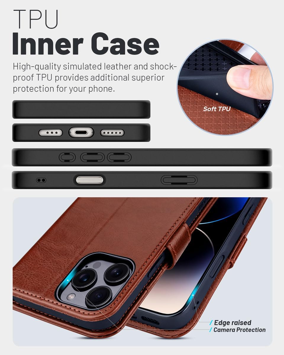 Thumbnail 4 de OCASE iPhone 16 Pro Max Hülle mit Kartenfach, Standfunktion und RFID-Schutz (PU-Leder, klassisch braun)