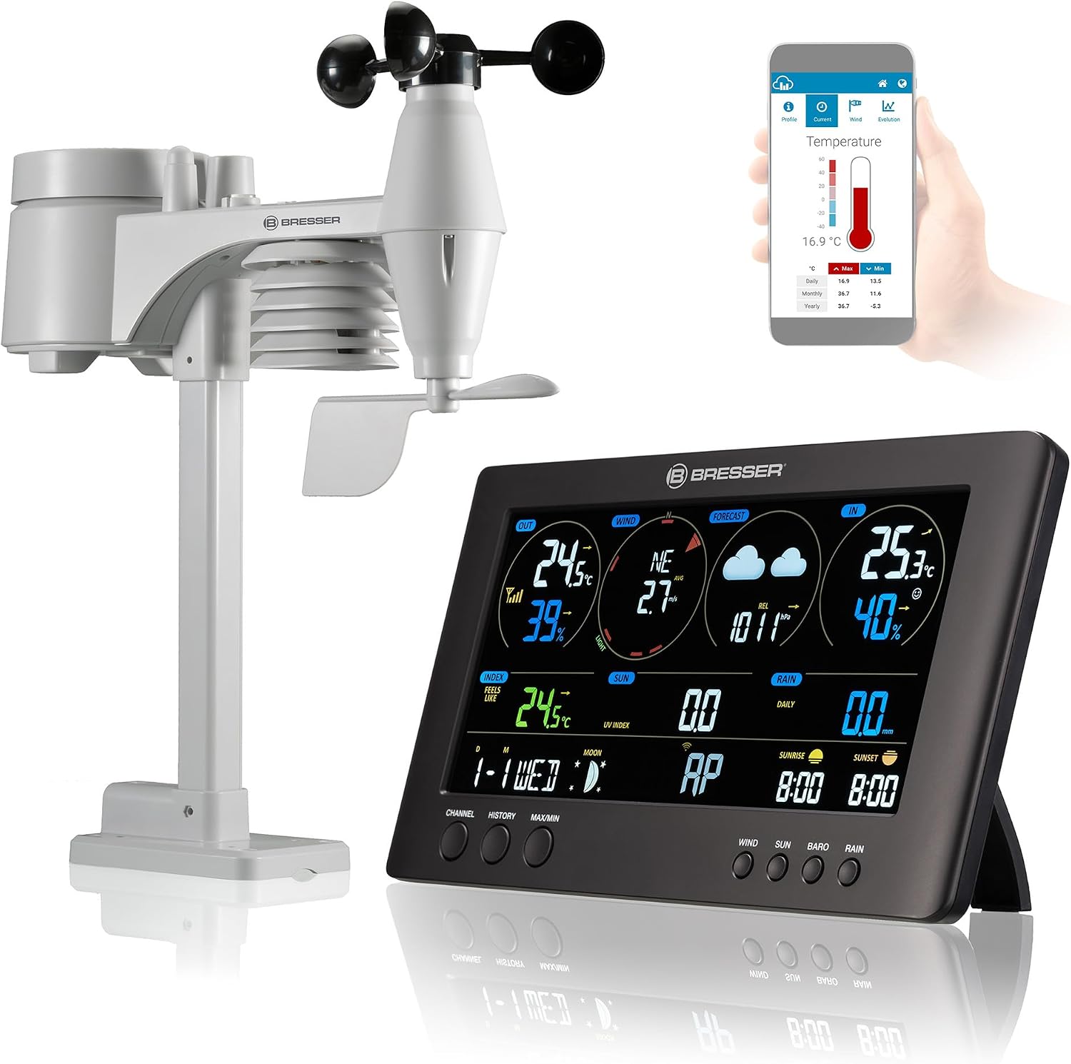 Detalle de Bresser Wetterstation Funk 7-in-1 Profi-Sensor mit WLAN – ClearView Basisstation inklusive Außensensor