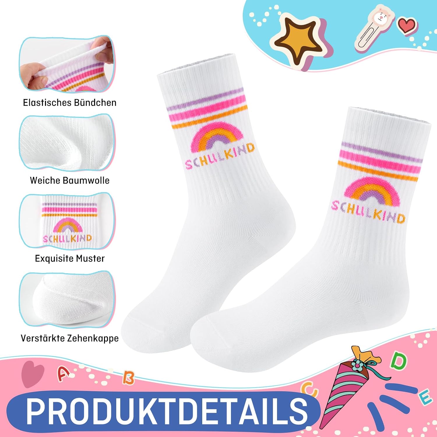 Detalle de SockWaddles Schulkind Socken aus Baumwolle – bunte, atmungsaktive Strümpfe für Schulstart (EU25-34)