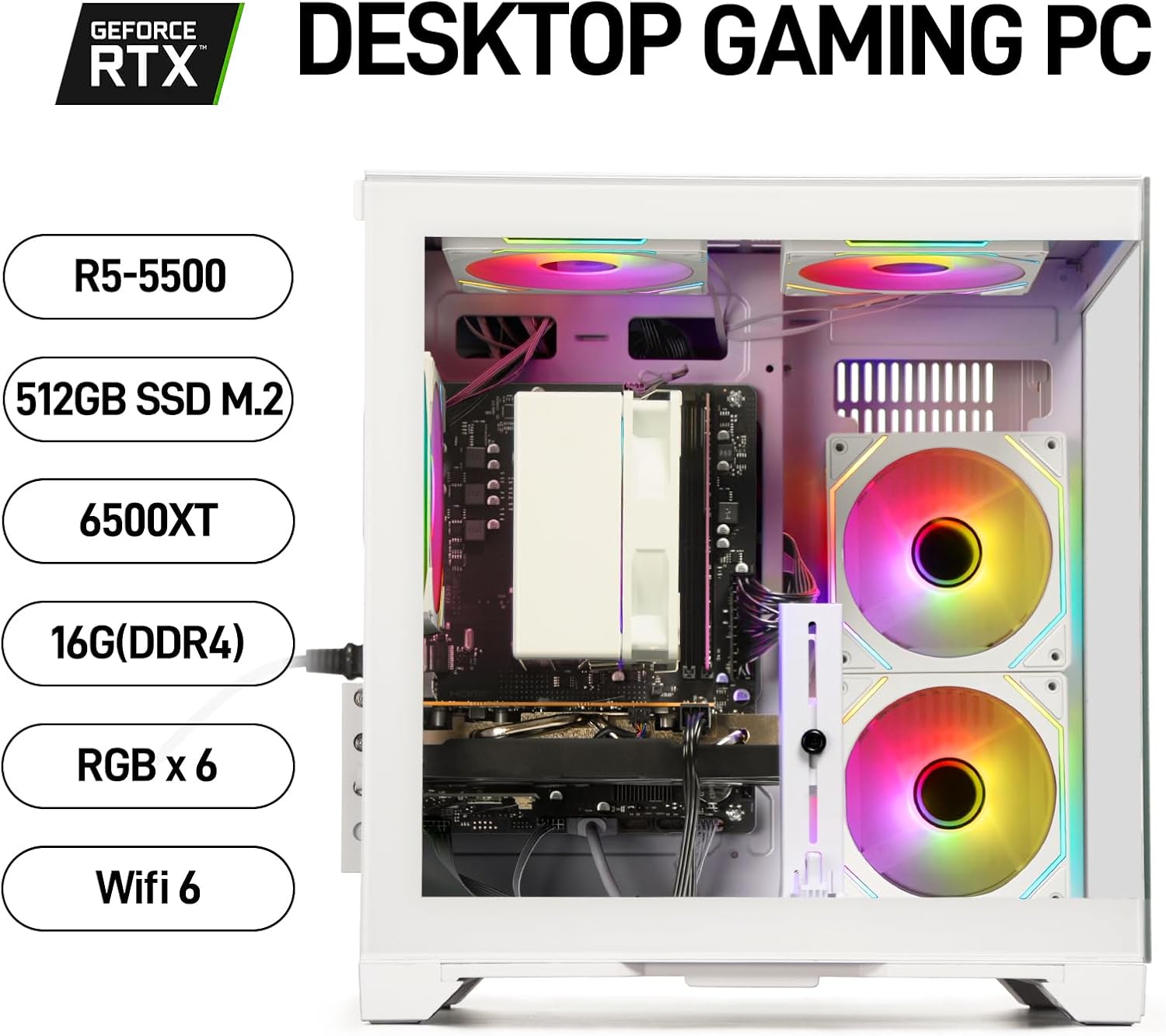 Detalle de WIWB Gaming PC Desktop with Ryzen 5 5500, RX 6500 XT 4GB, 16GB RAM, 512GB NVMe