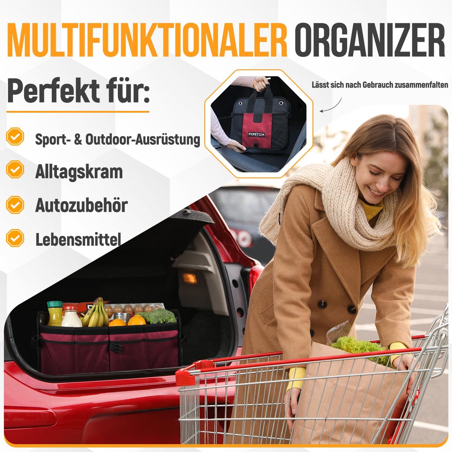 Detalle de FORTEM Kofferraum Organizer (rot, groß) – zusammenklappbare Kofferraumtasche mit Fächern
