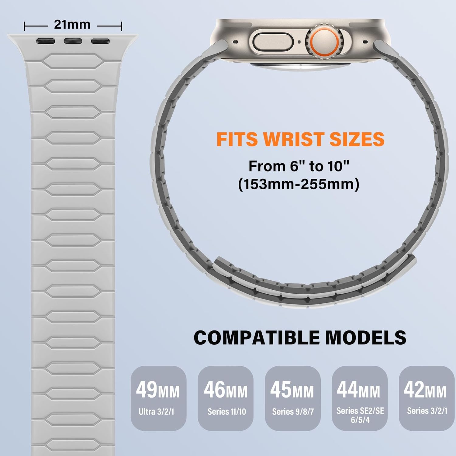 Detalle de Sixmoat Magnetic Band for Apple Watch - Beige-Gray Silicone Sport Strap (42–49mm) with Strong Magnetic Loop