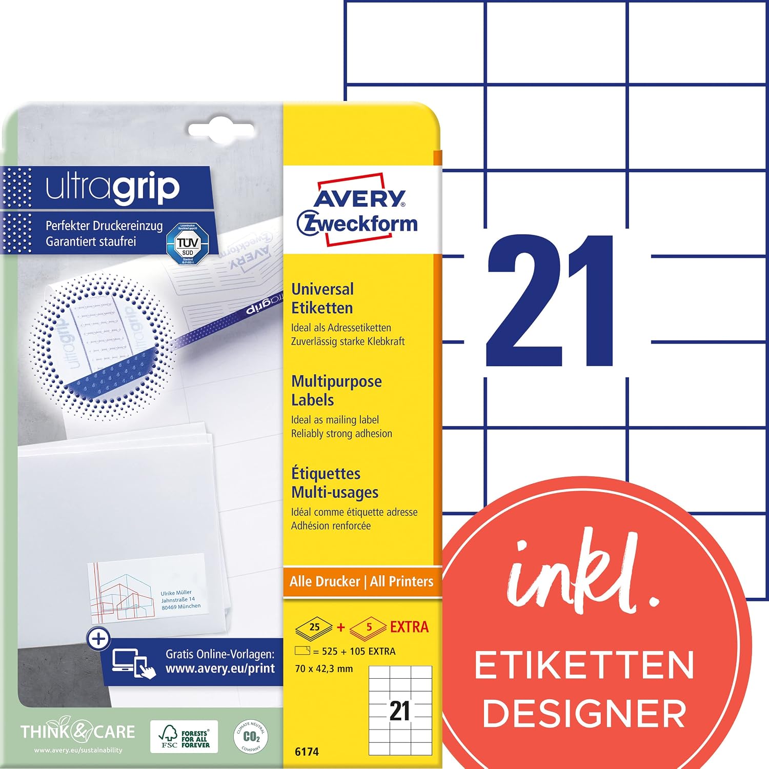 Thumbnail 6 de AVERY Zweckform 3652 Adressaufkleber – 2.100 Etiketten 70x42,3 mm, matt, selbstklebend