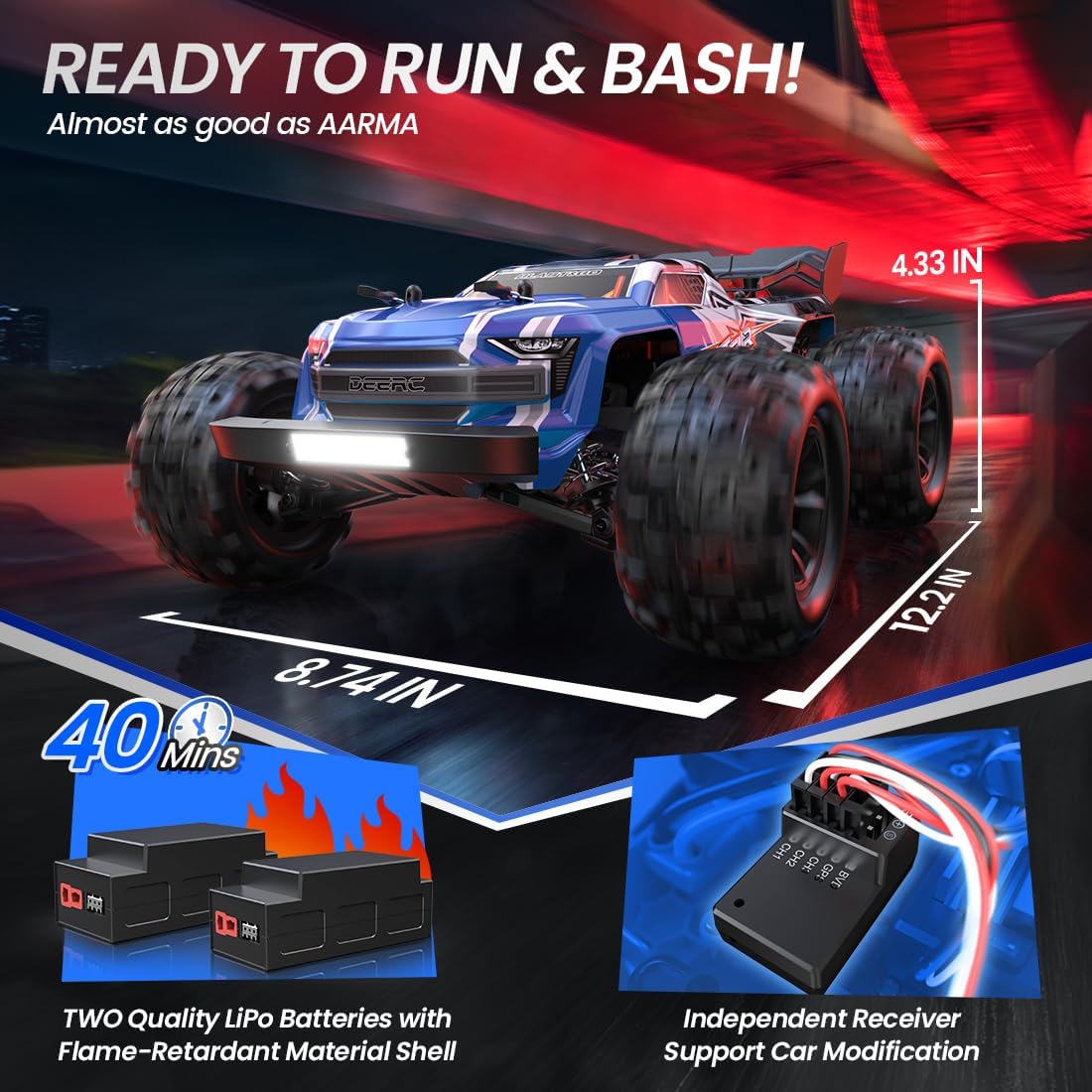 Thumbnail 5 de DEERC Brushless Extreme High Speed RC Truck 1:16 4X4 RTR (2 batteries) – off-road monster truck for adults