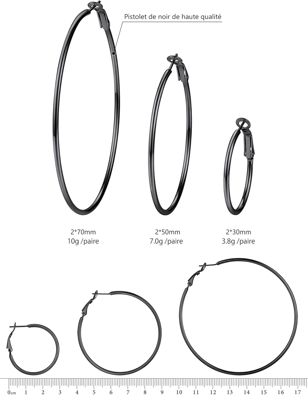 Thumbnail 6 de PROSTEEL Créoles Femme 30/50/70 mm – Lot de 3 paires en acier inoxydable 316L (noir)