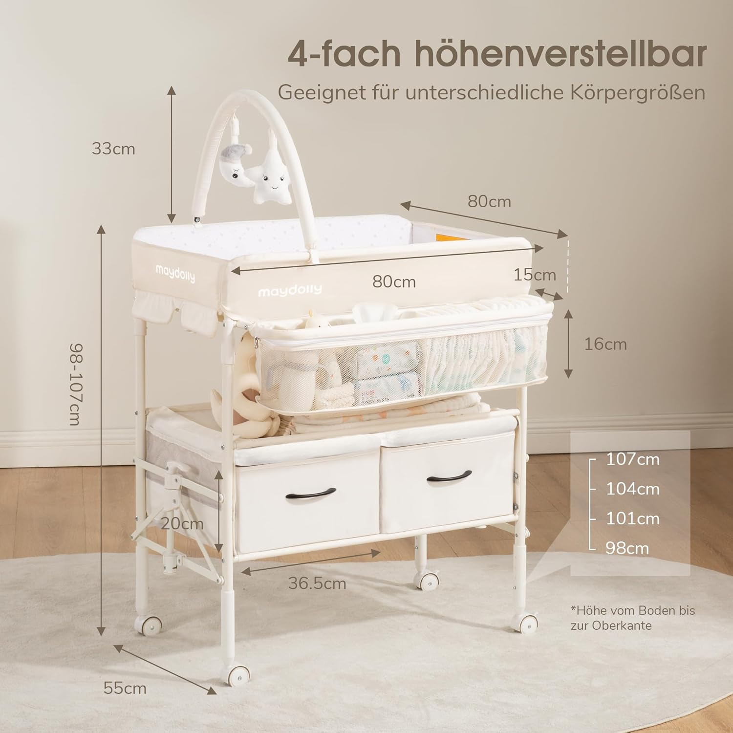 Detalle de Maydolly tragbarer Wickeltisch – faltbar, höhenverstellbar mit Rollen und Stauraum (beige)