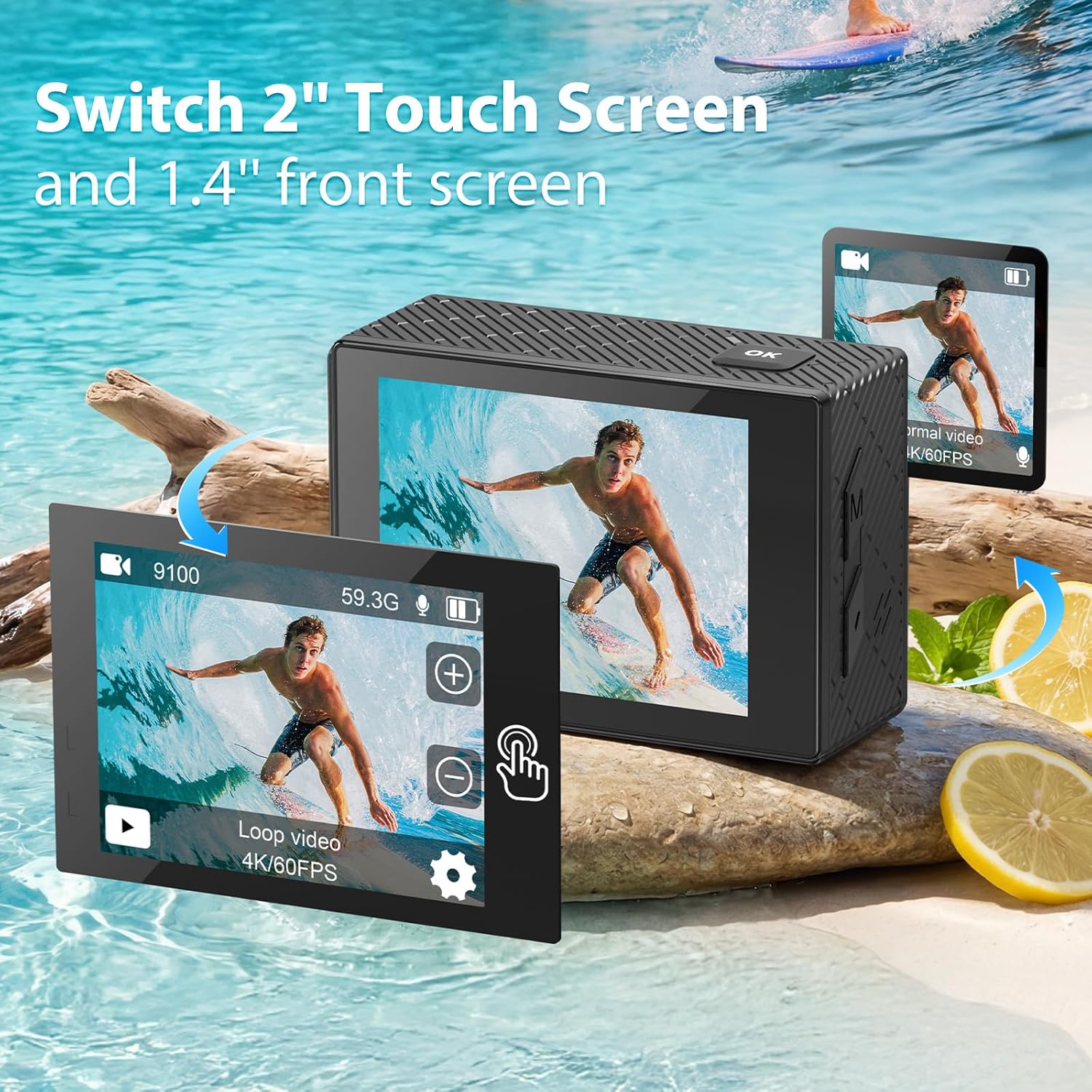 Detalle de Yonvim Actioncam 4K 60FPS mit WLAN – Unterwasserkamera bis 40 m, Dual-Screen, EIS, 2 Akkus 1350 mAh