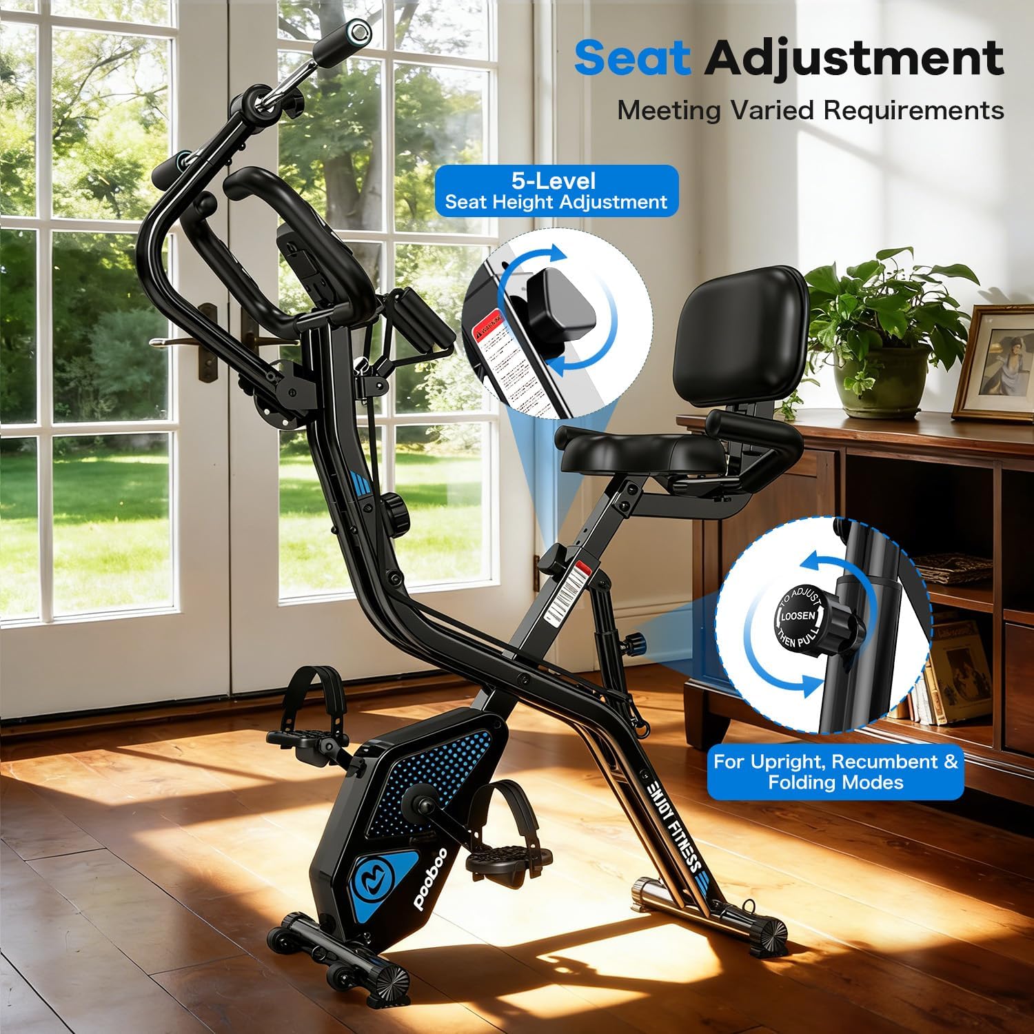 Detalle 2 de pooboo X-819N Blue Edition Folding Exercise Bike, 8-Level Magnetic Resistance