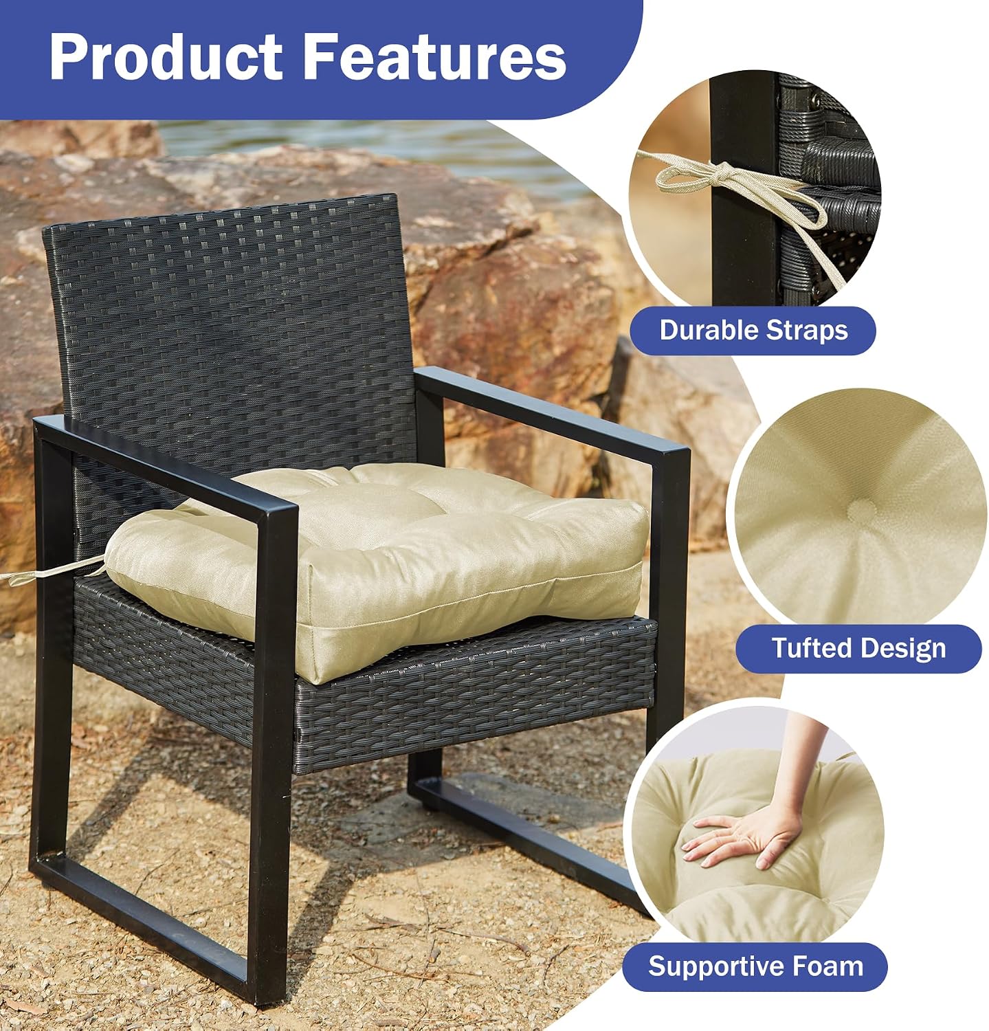 Thumbnail 4 de IPYNBAP Outdoor Chair Cushions, Set of 2, Tufted Beige Foam Pads with Ties