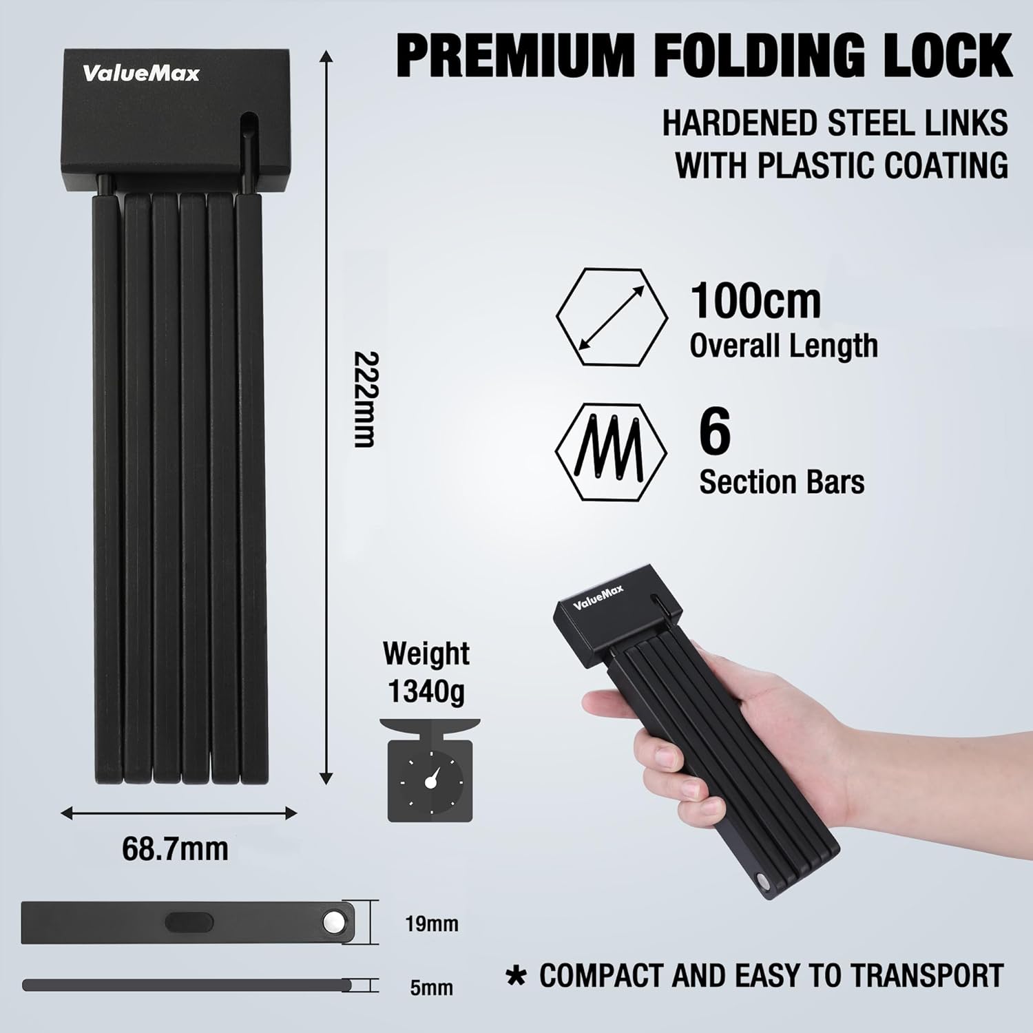 Detalle de ValueMax Antivol Vélo Pliant – Serrure robuste 100 cm avec support de montage