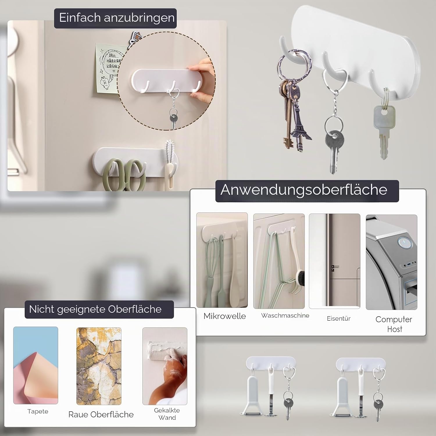 Detalle de 2er-Pack Magnetischer Schlüsselhalter mit 3 Haken – ideal für Kühlschrank, Küche und Waschküche