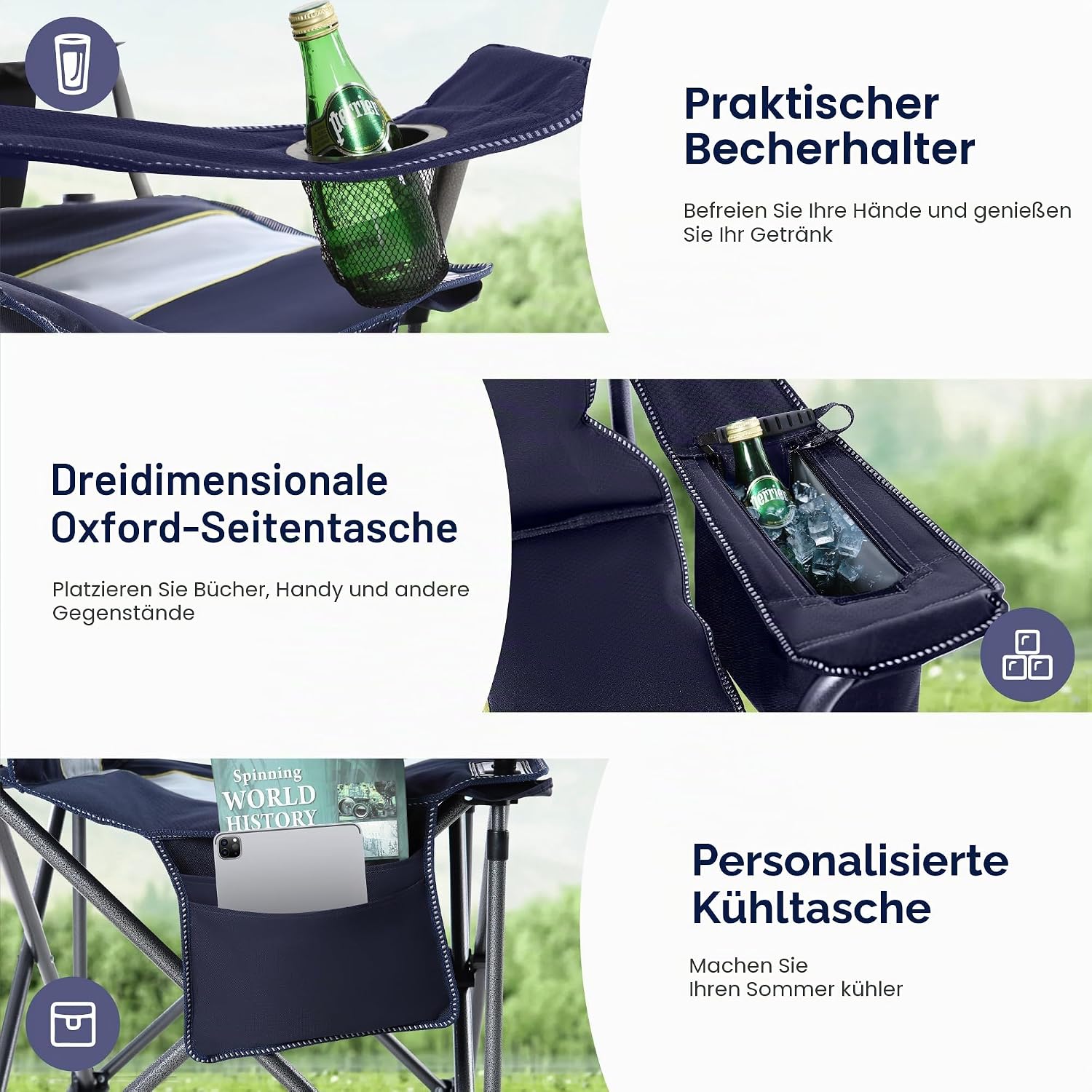 Detalle de HIGH POINT SPORTS faltbarer Campingstuhl (bis 200 kg) mit Getränkehaltern und Armlehnen – XXL Outdoorstuhl