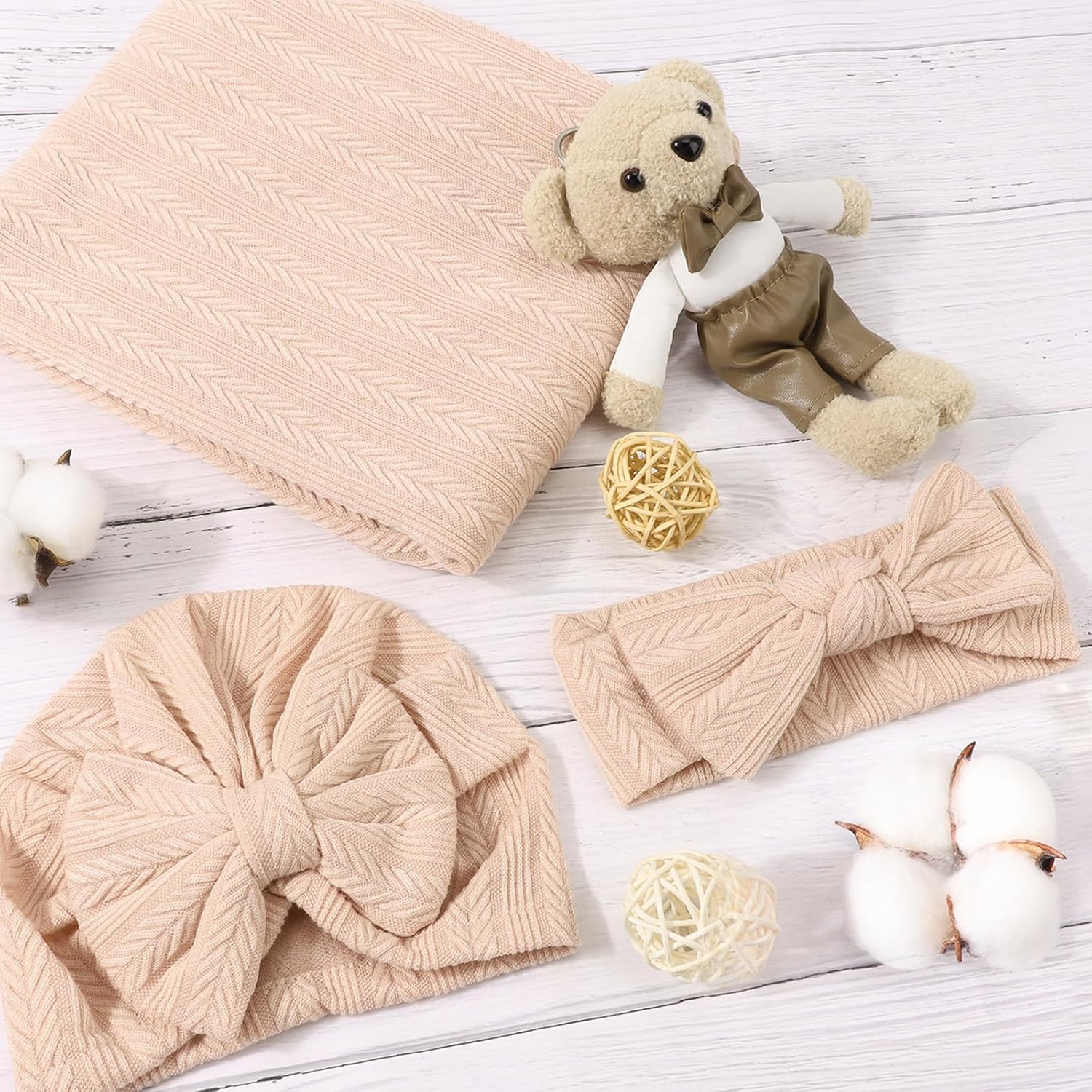 Detalle de DRESHOW Newborn Receiving Blanket Toddler Warm with Matching Bow Hat and Bow Headband